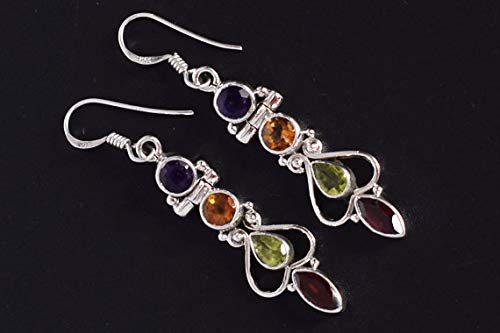 Natural Garnet Peridot Citrine & Iolite Gemstone 925 Sterling Silver Handmade Dangle Earrings for Women - Elegant Bohemian Jewelry Gift for Birthday, Wedding & Party (MultiColor)