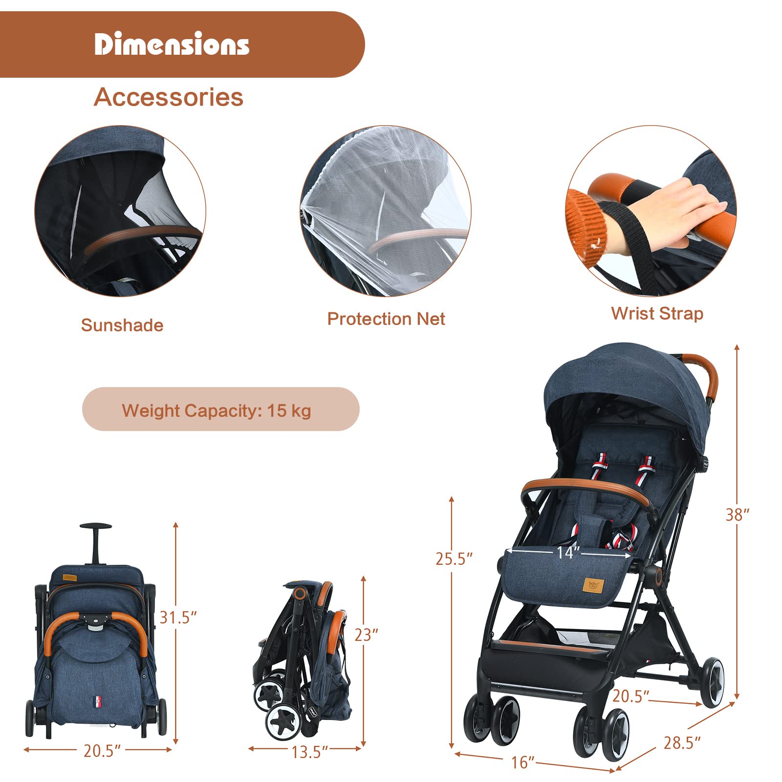 HOMGX Lightweight Compact Umbrella Stroller for Baby - Easy Fold Travel Stroller with 5-Point Safety Harness, Adjustable Backrest & Quick Lock System - Ideal for Airplane, Shopping & Daily Use - Navy Blue