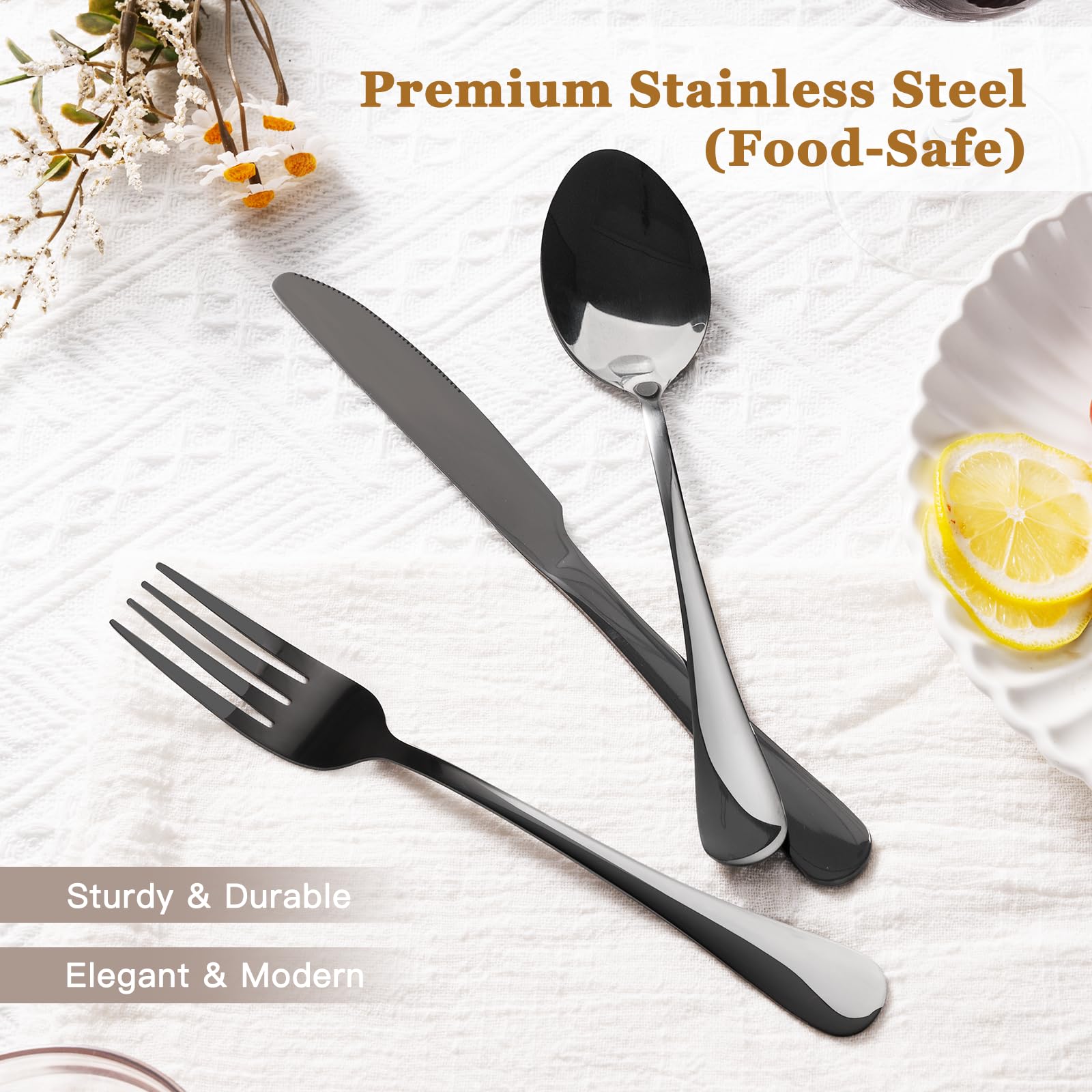 Astercook 24-Piece Stainless Steel Flatware Set - Mirror Polished Black Silverware with Steak Knives, Spoons & Forks for 4 People - Food-Grade Cutlery Set for Home, Kitchen & Restaurant Dining