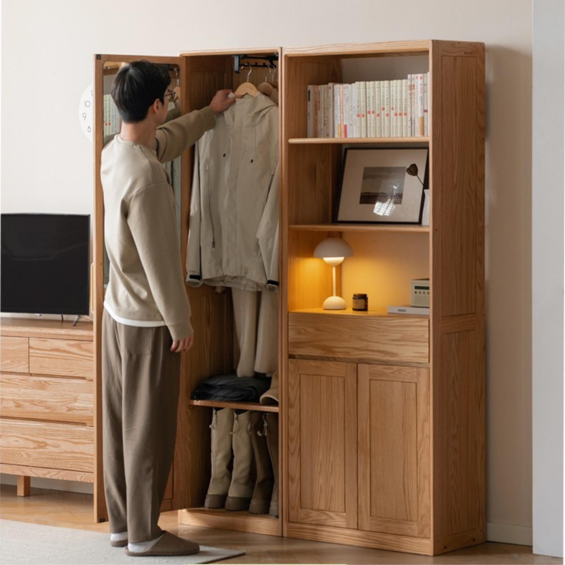 Solid Oak Wood Mirror Entryway Cabinet - Stylish & Durable Hallway Storage with Mirror for Home Decor