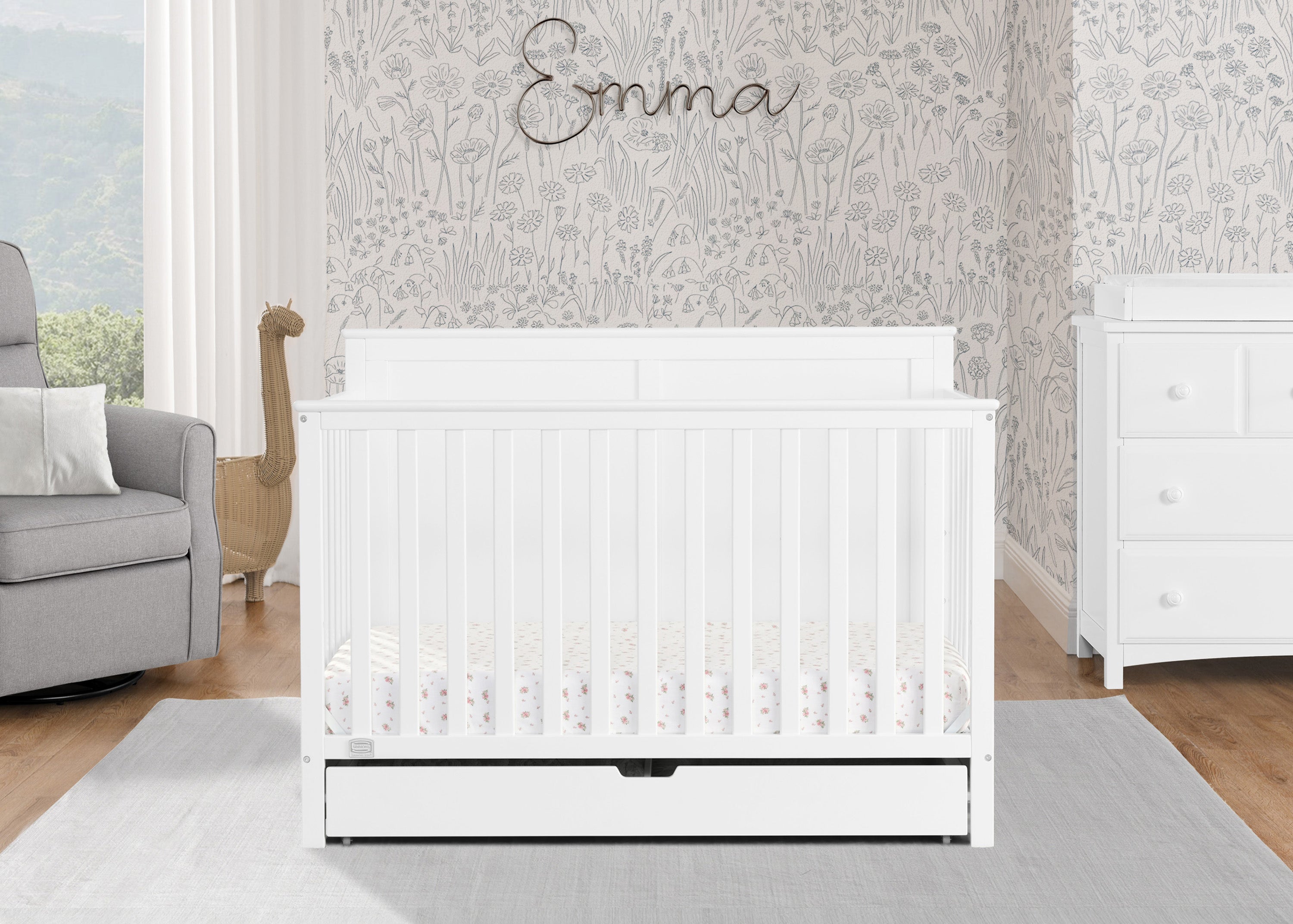 Logan 6-in-1 Convertible Baby Crib with Underdrawer Storage - White Nursery Furniture for Newborn to Toddler Bed | Perfect for Small Spaces & Modern Nurseries