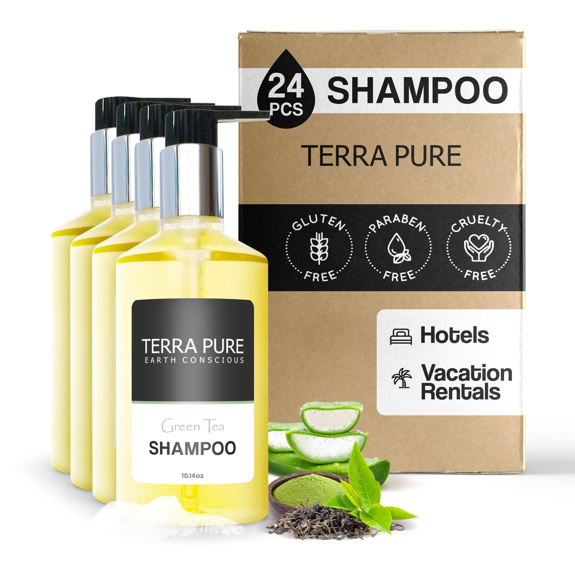 Terra Pure Green Tea Shampoo with Organic Honey & Aloe Vera - 10.14 oz (24-Pack) | Sulfate-Free, Natural Hair Care for Dry & Damaged Hair | Perfect for Salons, Spas & Home Use
