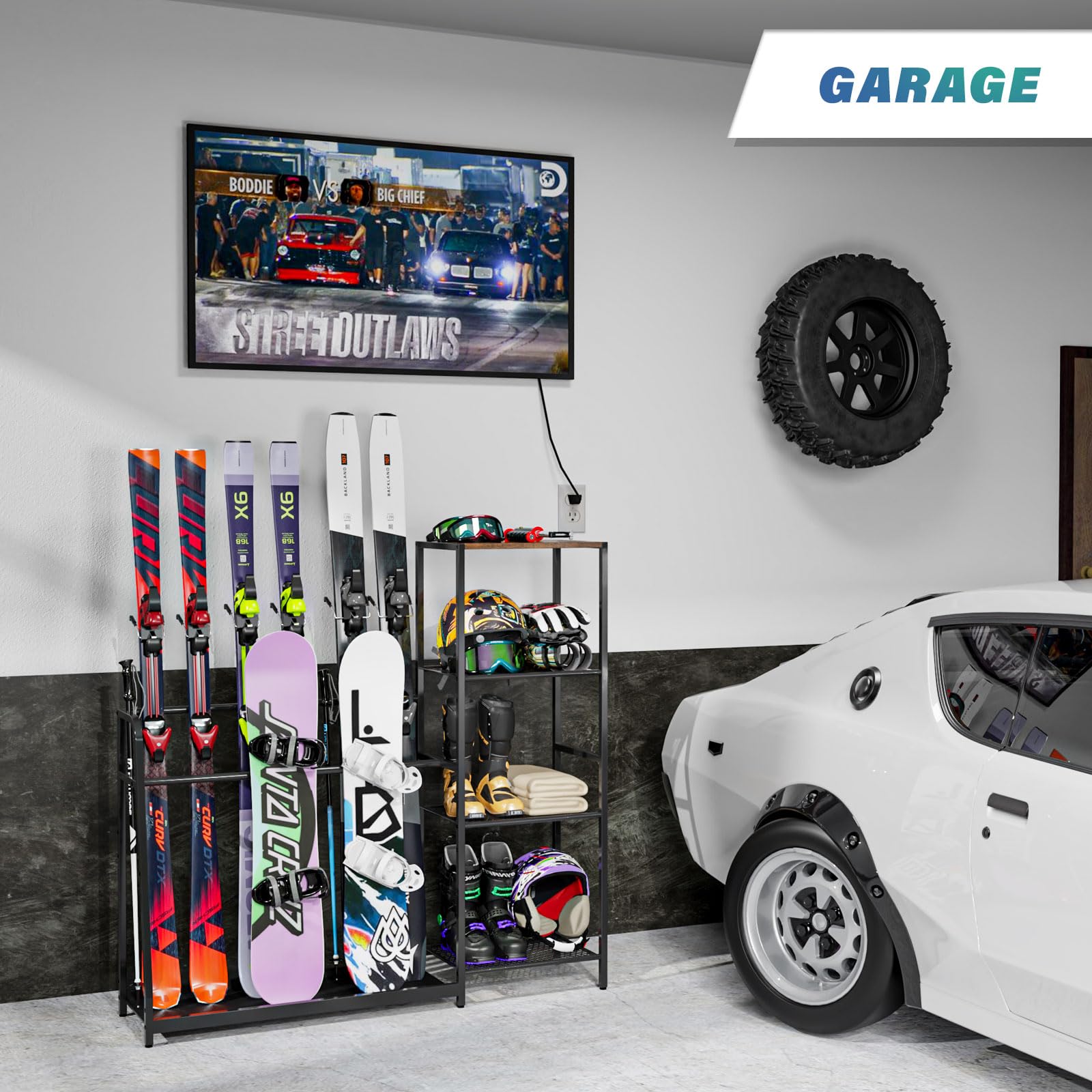 Freestanding Snowboard and Ski Rack - Holds 4 Pairs of Skis, 3 Snowboards, Boots, Poles, Goggles & Helmets - Space-Saving Garage, Shed, Basement Storage for Winter Sports Gear - Perfect for Organizing Equipment in Ski Resorts, Cabins, and Home Storage