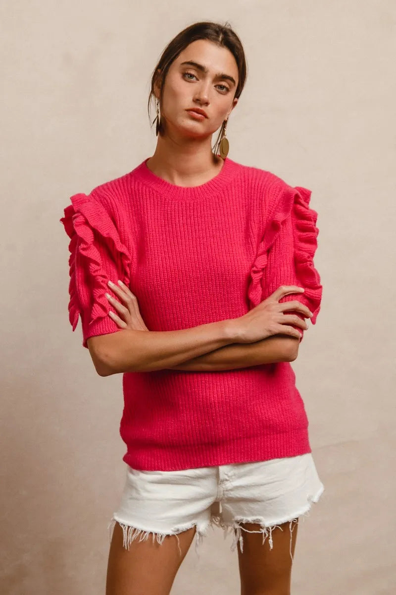 BiBi Ruffle Sleeve Ribbed Sweater for Women | Soft Knit Pullover | Casual Fall Winter Fashion | Perfect for Office, Date Night & Weekend Outings