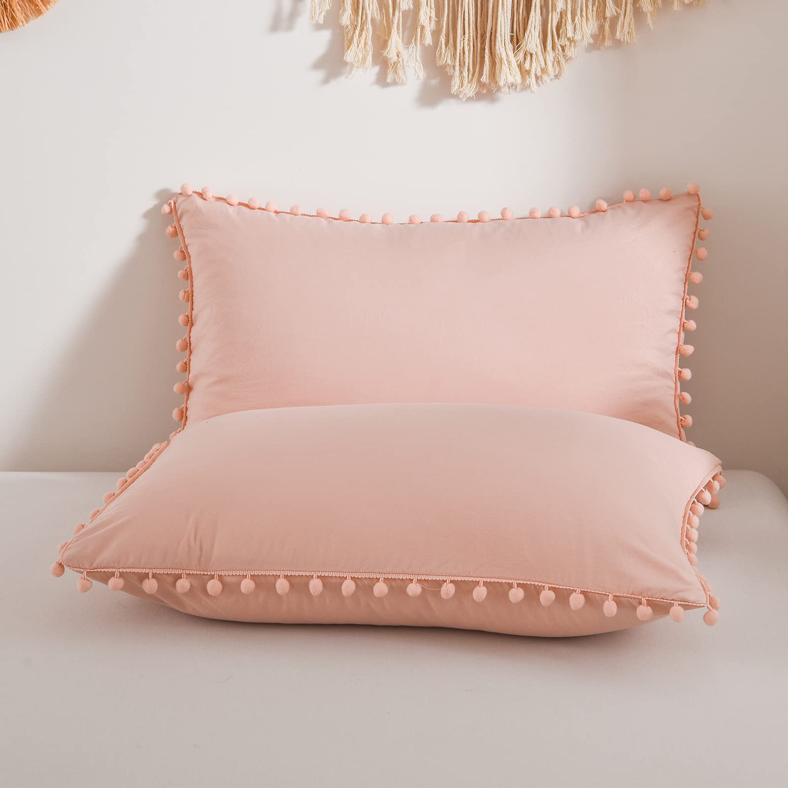 VOER Pink Pom Pom Pillowcases Queen Size - 2 Pack Soft Cozy Decorative Pillow Covers for Bedroom, Boho Chic Pillow Shams - Perfect for Home Decor, Girls' Room & Cozy Bedding Aesthetics