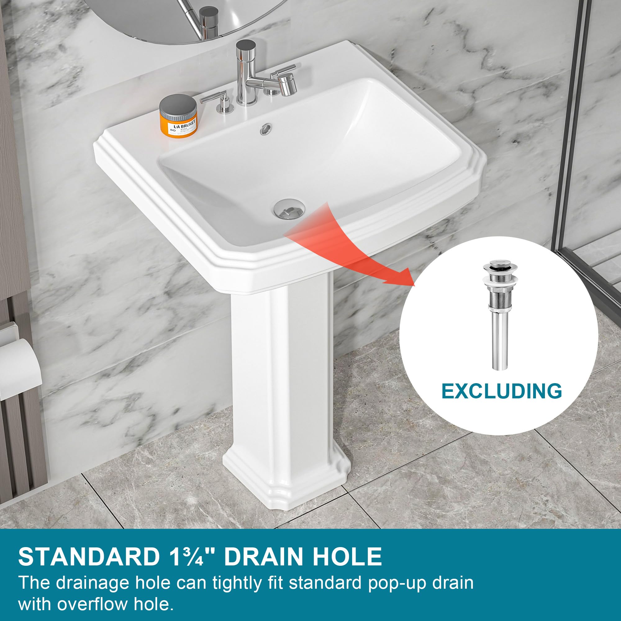 White Porcelain Pedestal Sink 23x19 Inch with 3 Faucet Holes & Overflow - Rectangular Bathroom Sink Combo for Vanity, Powder Room & Laundry Areas