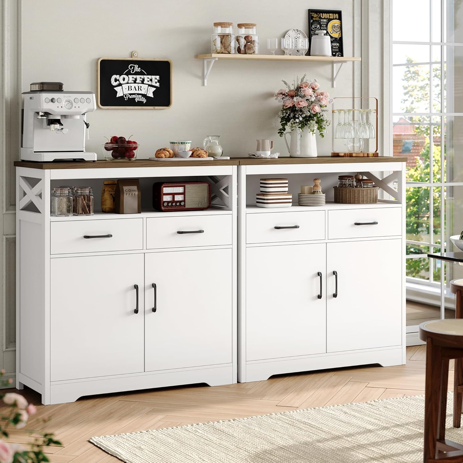 Modern Farmhouse Buffet Sideboard - Wooden Kitchen Storage Cabinet with Shelves, Doors & Drawers - Coffee Bar & Living Room Cupboard - White & Rustic Brown - Perfect for Dining Room, Entryway & Home Organization