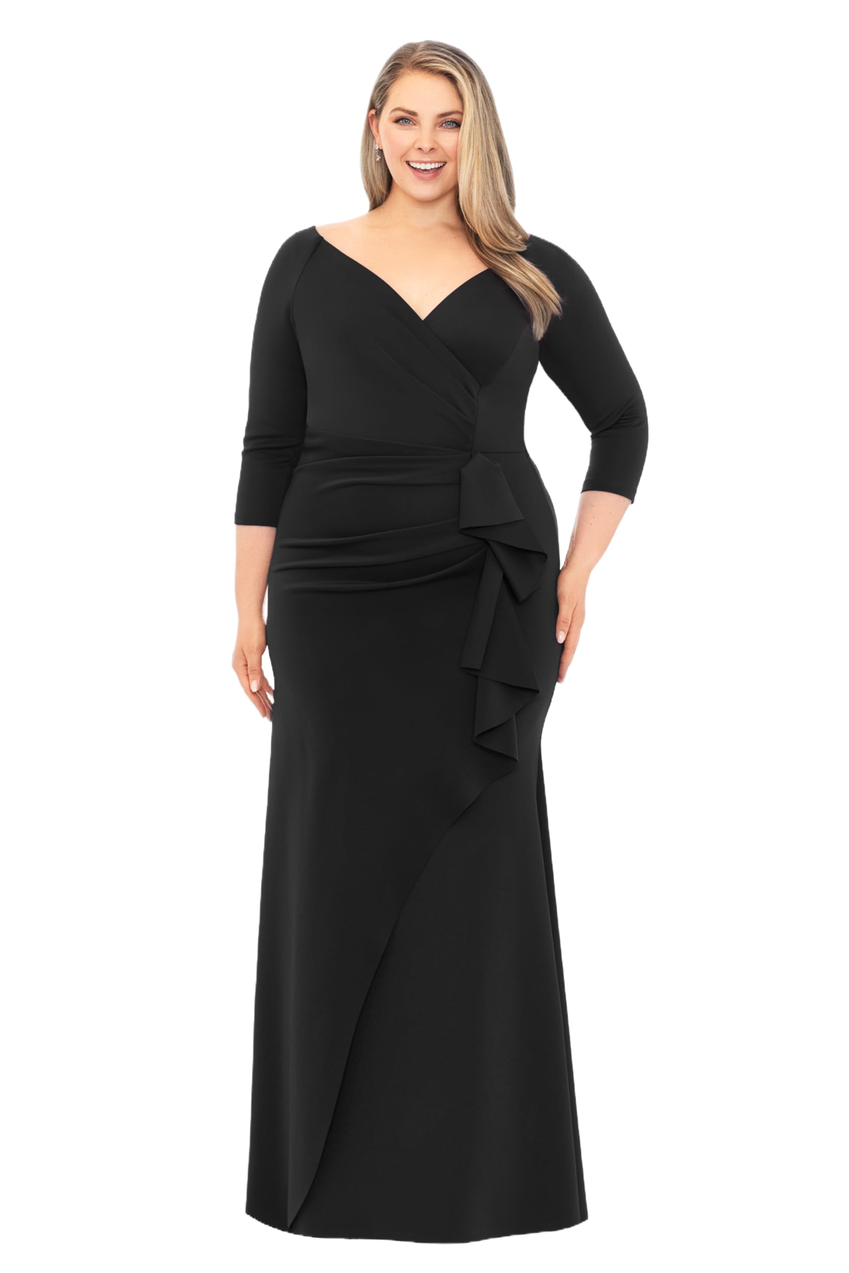 Xscape Women's Plus Size Long 3/4 Sleeve V-Neck Side Ruched Dress - Elegant Casual & Party Wear for Curvy Women | Perfect for Office, Date Night & Special Occasions