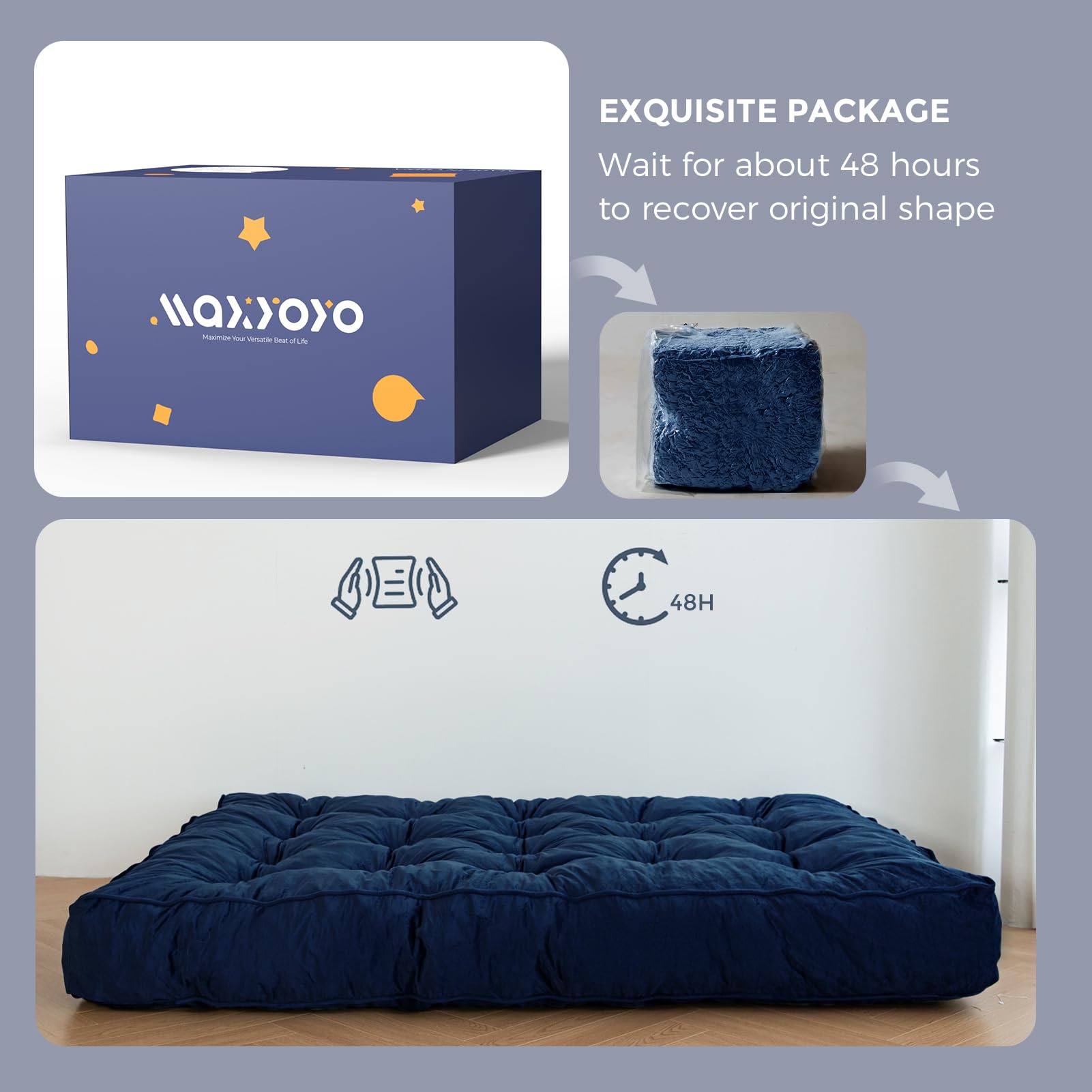 MAXYOYO 8-Inch Thick Velvet Tufted Futon Mattress for Sofa Bed - Navy Blue Comfortable Foldable Couch Bed Replacement for Adults (Mattress Only) - Perfect for Small Spaces, Guest Rooms & Dorm Rooms