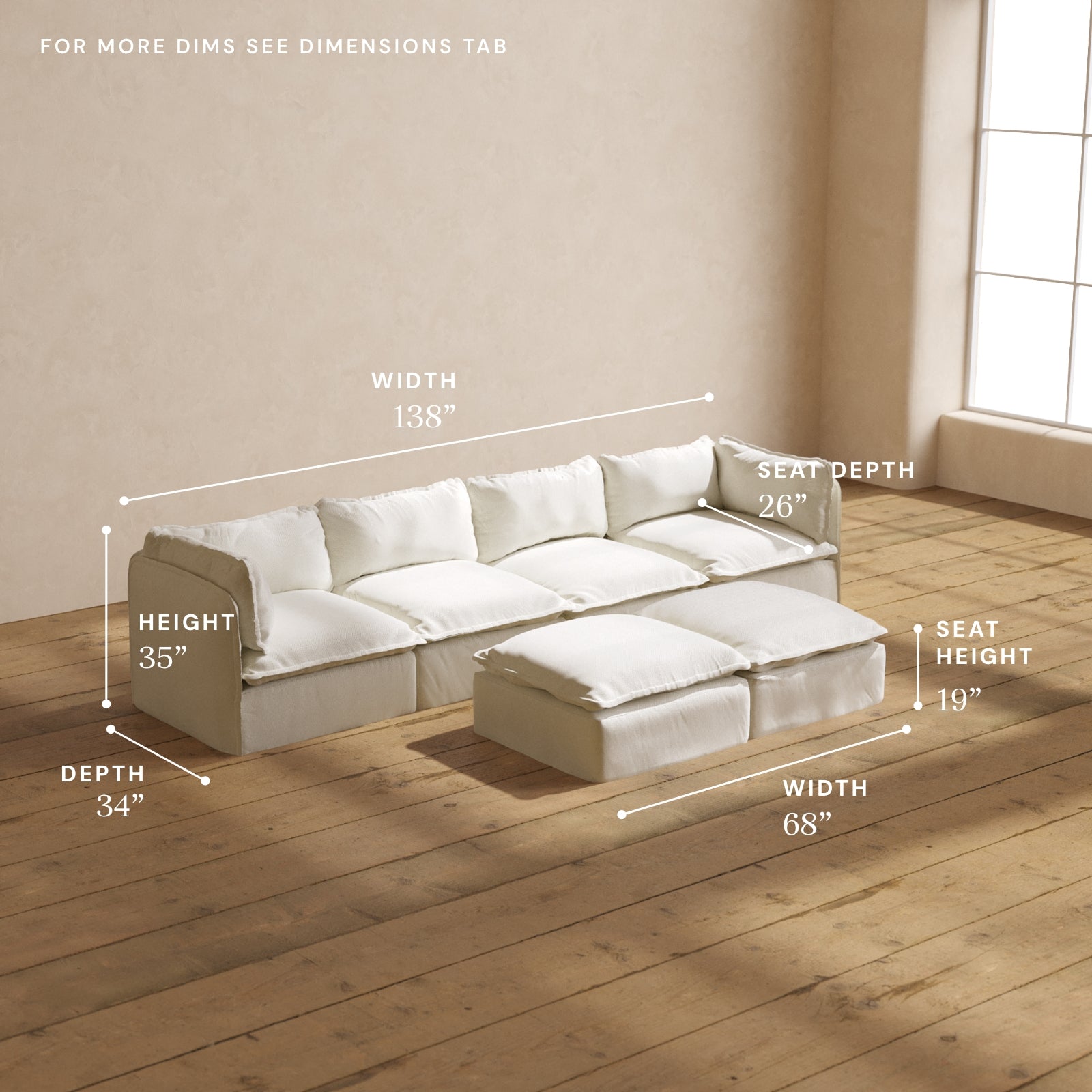 Premium Modular Performance 4-Seater Sofa with Bench Ottoman in Eggshell White | Luxury Blend Fabric | Perfect for Living Room, Family Room & Home Theater Seating