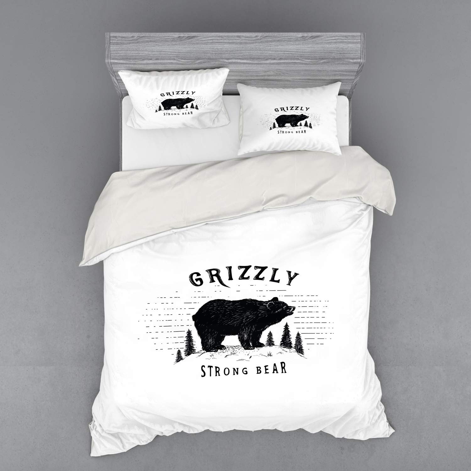 Ambesonne Grizzly Bear Bedding Set - Vintage Forest Theme 4-Piece Duvet Cover with Shams & Fitted Sheet, Queen Size Black & White - Perfect for Cabin Decor, Mountain Retreats & Wildlife Lover Bedrooms