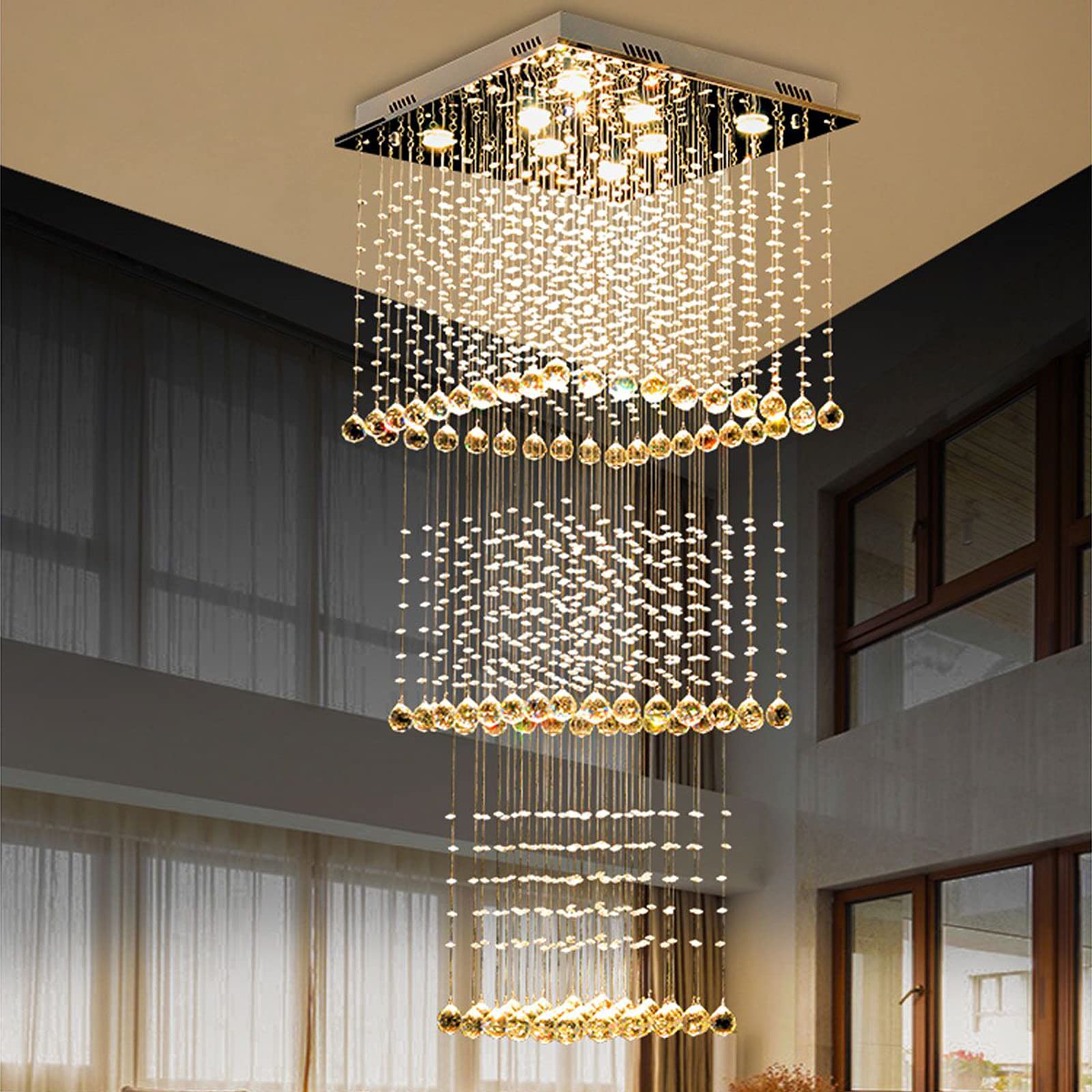 Modern K9 Crystal Raindrop Chandelier Lighting - 3-Layer Flush Mount LED Ceiling Light Fixture with 8 GU10 Bulbs Included (23.6