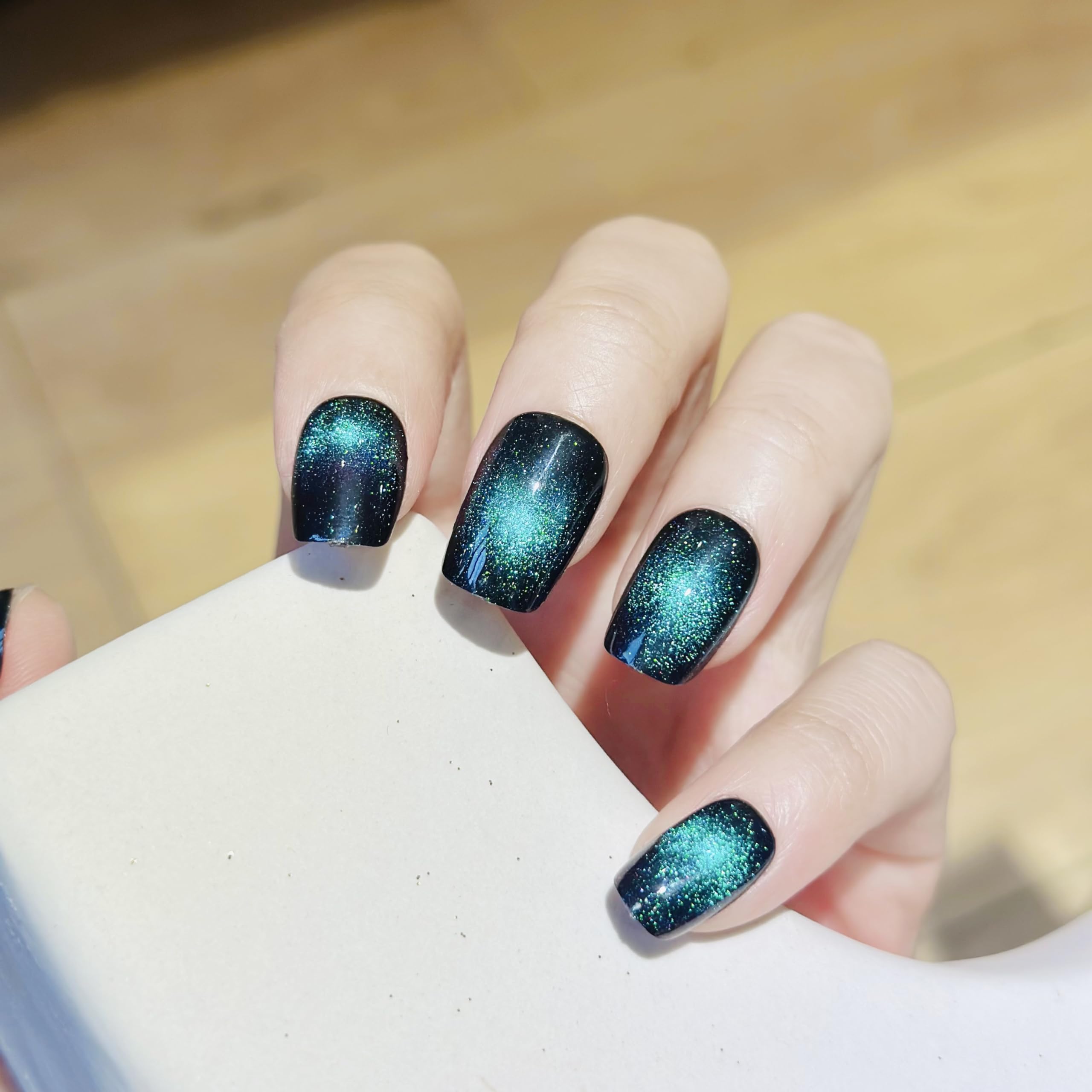 Short Square Press On Nails - Green Magnetic Cat Eye Fake Nails for Women | Easy Glue On Nails, Acrylic False Nails | Perfect for Parties, Weddings & Everyday Wear