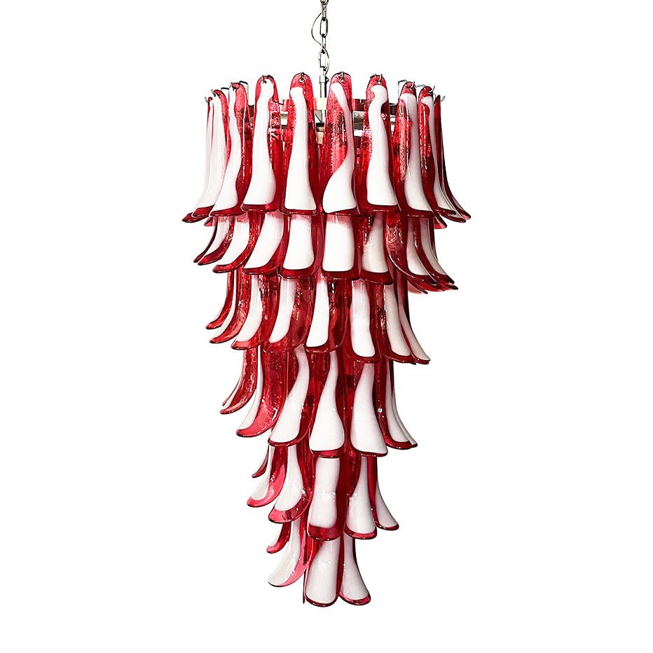 Murano Glass Red Petals Spiral Chandelier - Elegant Venetian Crystal Ceiling Light Fixture for Dining Room, Living Room & Bedroom Decor