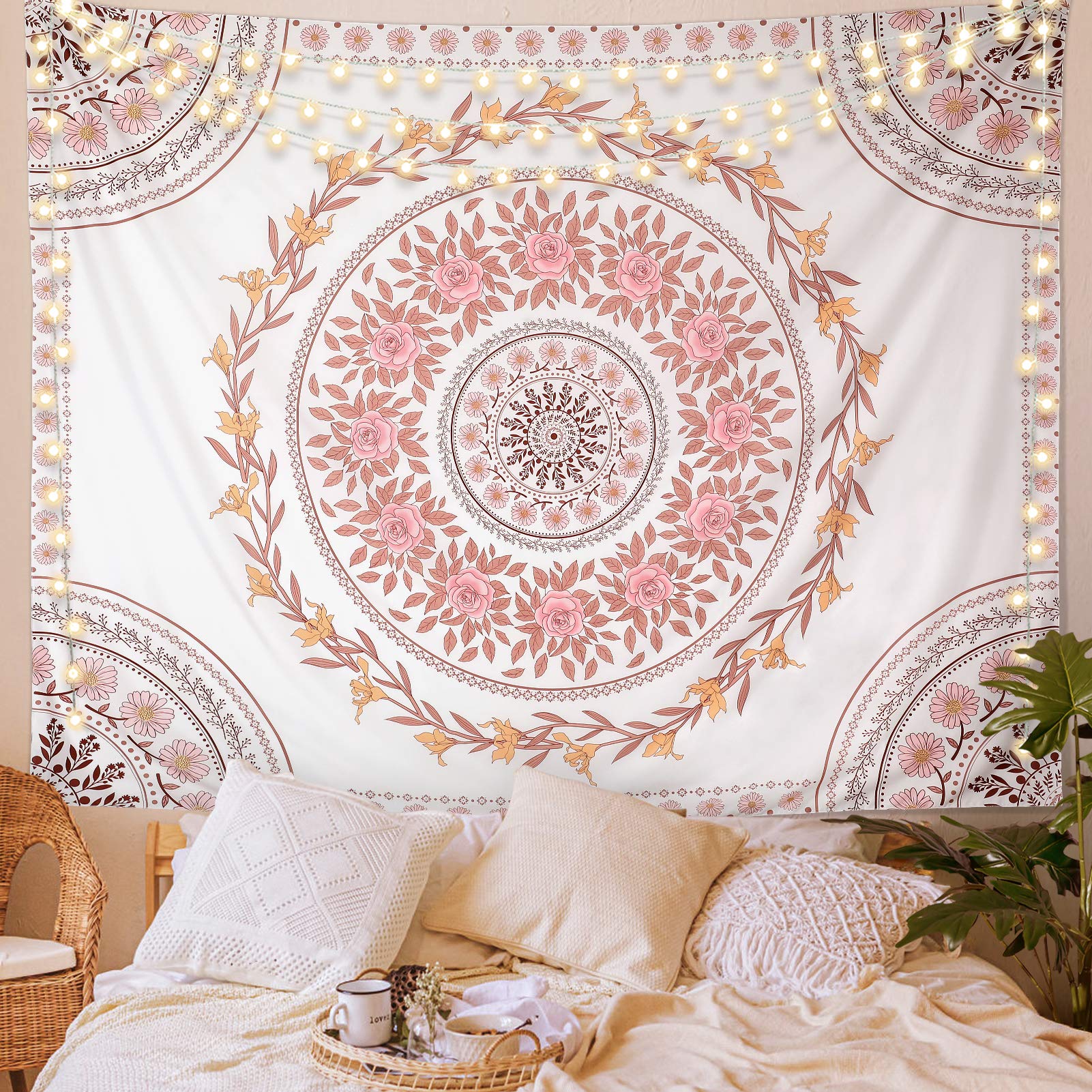 Bohemian Mandala Tapestry Wall Hanging - Pink Floral Medallion Design, Aesthetic Boho Decor for Bedroom, Living Room & Dorm | Perfect for Meditation Spaces, Yoga Studios & Hippie Home Decor