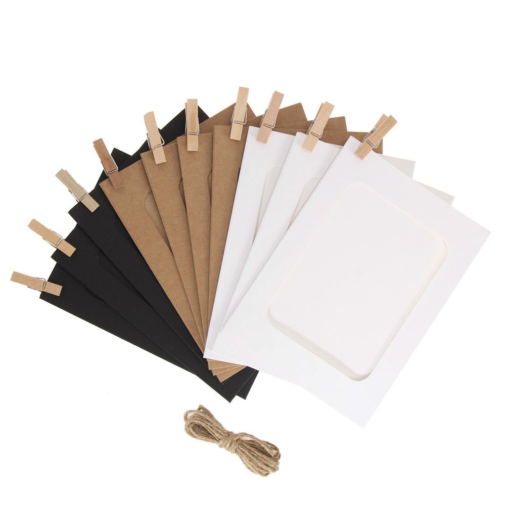 30 Pack DIY Kraft Paper Photo Frames with Wooden Clips & Hanging String - White, Black, Brown (3
