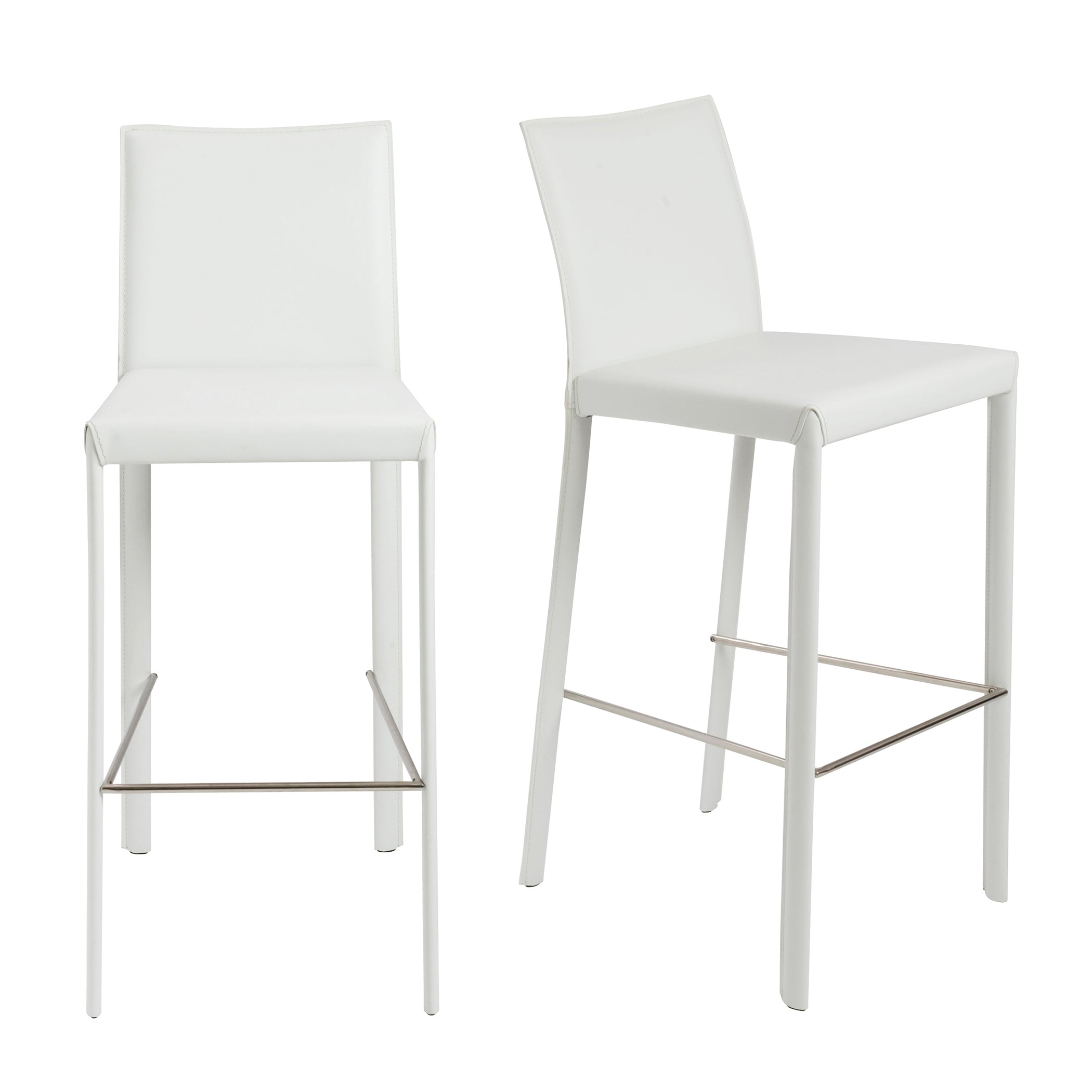 Premium Black Leather Bar Stools with Polished Stainless Steel Legs - Set of 2 - Modern Kitchen Counter & Home Bar Seating - Perfect for Dining Rooms, Breakfast Nooks & Entertainment Areas