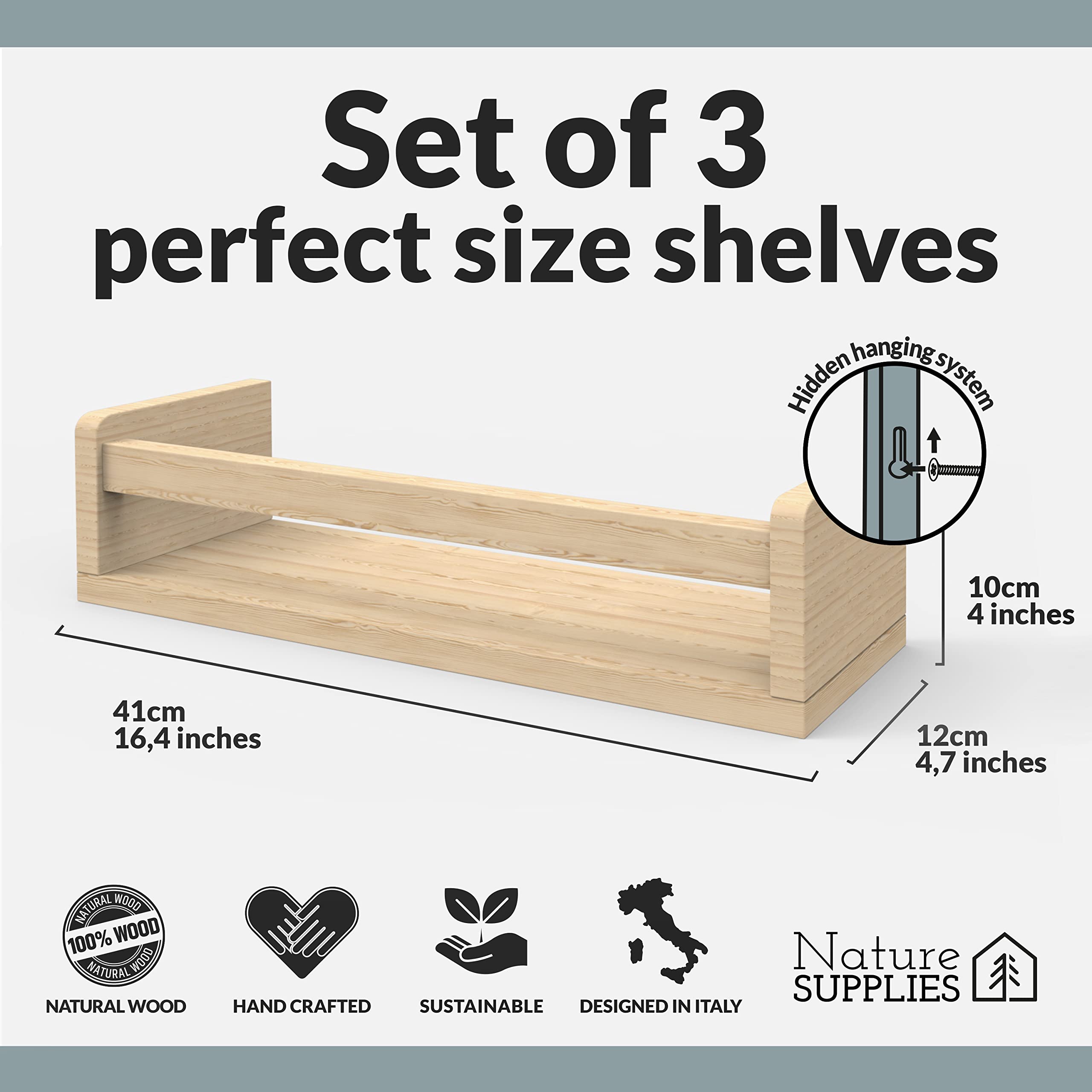 NATURE SUPPLIES Floating Shelves Set of 3 - Minimalist Wooden Wall Shelves for Nursery, Playroom & Baby Room - Kids Book Organizer with Natural Finish - Perfect for Storage, Display & Home Decor