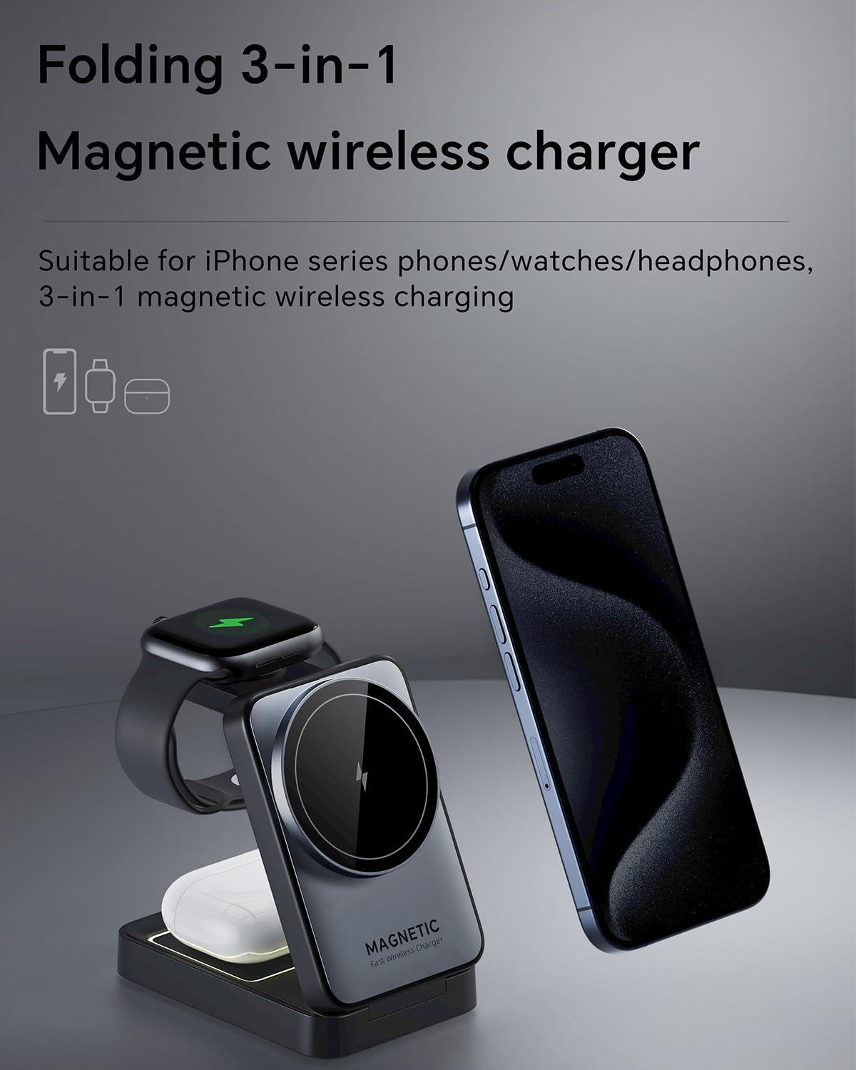2024 Upgraded 3-in-1 Magnetic Wireless Charging Station - Foldable Travel Charger with Night Light for iPhone 16/15/14/13/12, Apple Watch & AirPods | Magsafe Compatible | Perfect for Bedside, Office & Travel Use