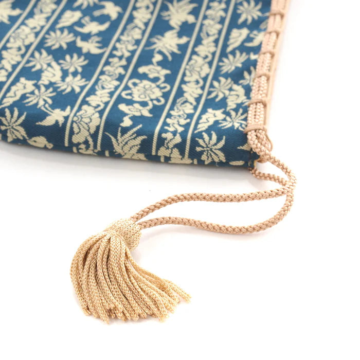 Nishijin Ori Small Drawstring Bag - Bird & Navy Blue - Handmade in Kyoto Japan - Traditional Japanese Craft Purse - Perfect for Gifts, Jewelry Storage & Cultural Events