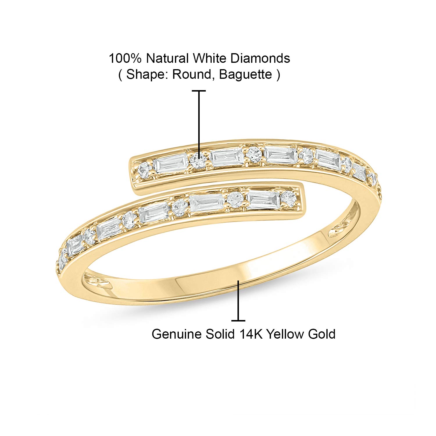 1/10cttw White Baguette Diamond & Gemstone Bypass Ring for Women - 14k Yellow/Rose/White Gold - Promise Ring with Natural Gemstone or Round Diamond - Perfect for Anniversaries, Engagements & Special Occasions