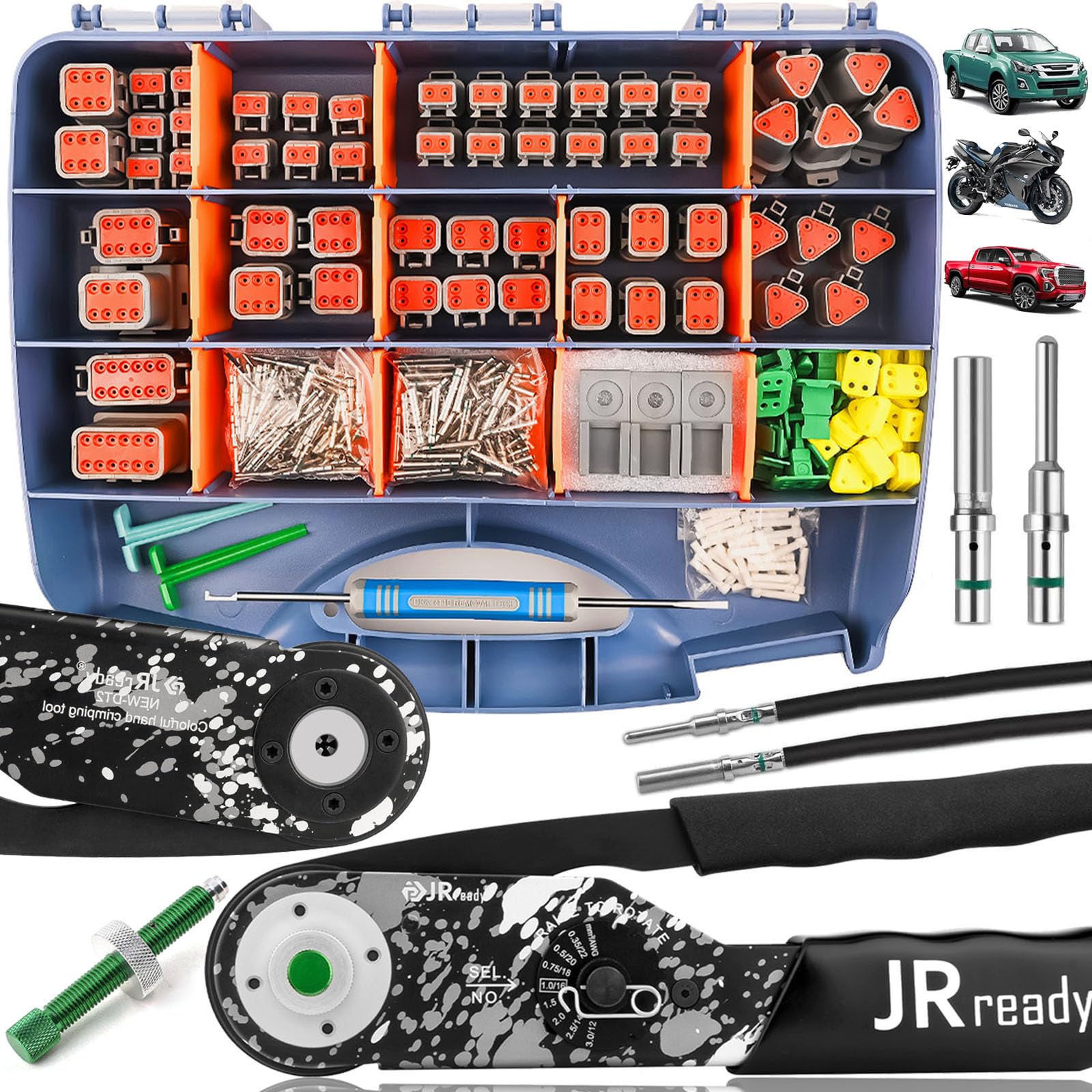 JRready DW5007-02 Deutsch Connector Kit - 2 Pin DT Connector with 3/4/6/8/12 Pin Waterproof IP68 Electrical Connectors, Automotive Solid Contacts & Crimp Tool (12-22AWG) - Perfect for Automotive Wiring, Marine Applications & Heavy-Duty Equipment