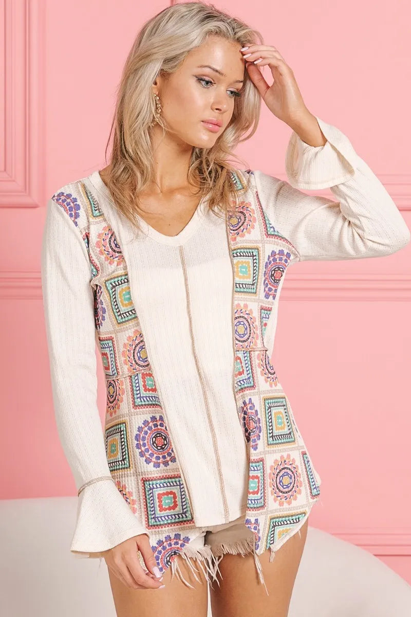 BiBi Granny Square Print Contrast Annie Rib V Neck Top - Stylish Vintage-Inspired Women's Blouse for Casual Outings & Boho Fashion