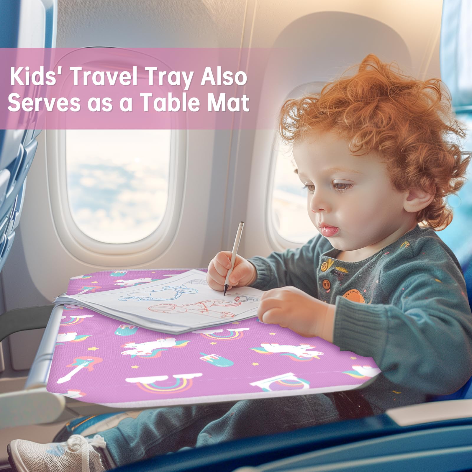 Foldable Travel Tray for Kids - Airplane Car Seat Organizer with Tablet Holder & Storage Pockets | Space-Saving Multifunctional Design Converts to Table Cover | Perfect for Road Trips, Flights & Home Use (Pink)