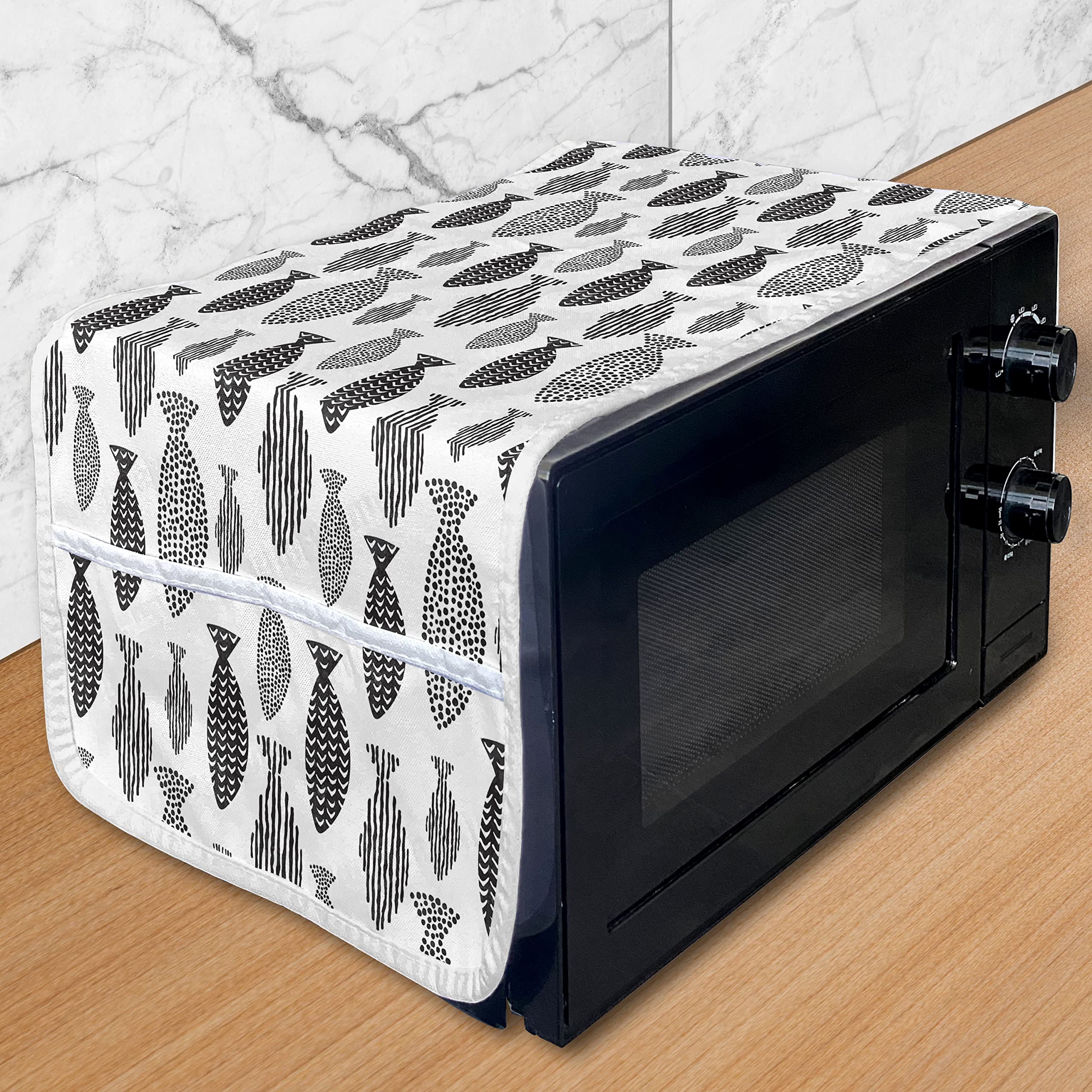 Ambesonne Fish Microwave Cover - Minimalist Sea Animal Design with Dots & Stripes - Waterproof Kitchen Organizer with Pockets - 36