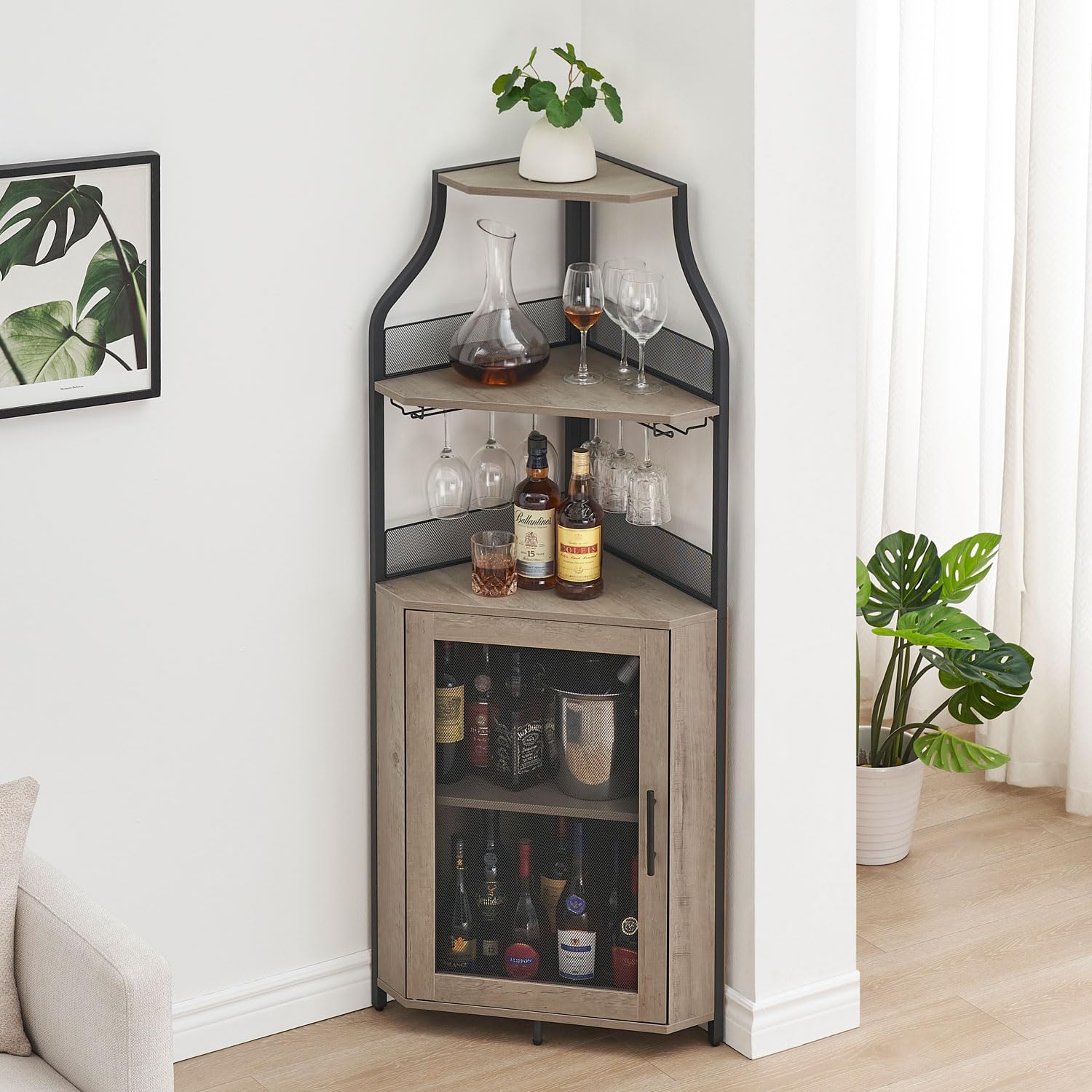 GAOMON 4-Tier Corner Wine Bar Cabinet - Large Storage Space, Removable Wine Rack, Glass Holder & Mesh Door - Grey - Perfect for Home Bar, Kitchen, Dining Room & Entertainment Spaces