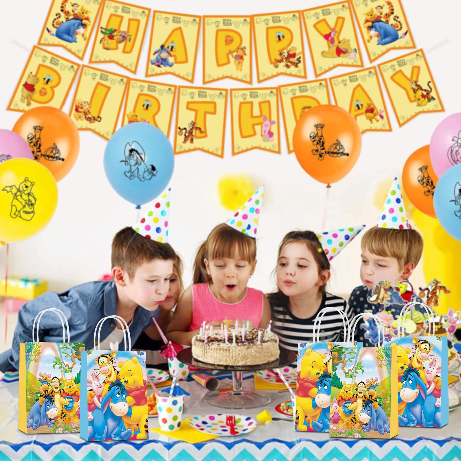 16 Pack Winnie the Pooh Party Favor Bags with Handles - 2 Styles Cute Pooh Bear Themed Gift Bags for Candy, Treats & Goodies | Perfect for Kids Birthday Parties, Baby Showers & Disney Themed Events