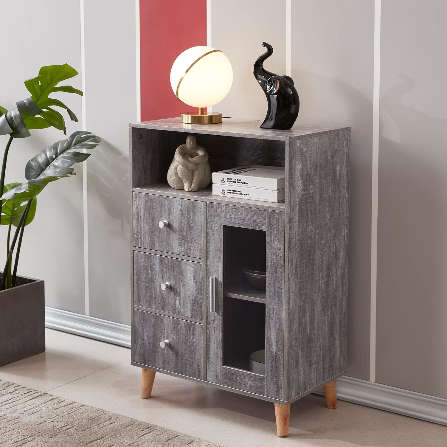 OBERICOL Grey Storage Cabinet - Functional Kitchen Sideboard with Window & Drawers | Perfect for Pantry Organization, Dining Room Storage & Small Space Solutions