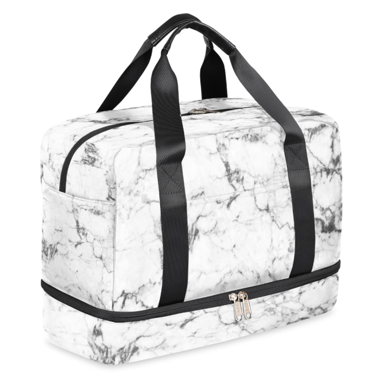Black & White Marble Print Sports Duffel Bag with Shoe Compartment - Large Gym Tote for Men & Women - Perfect for Travel, Yoga, Workout & Weekend Getaways