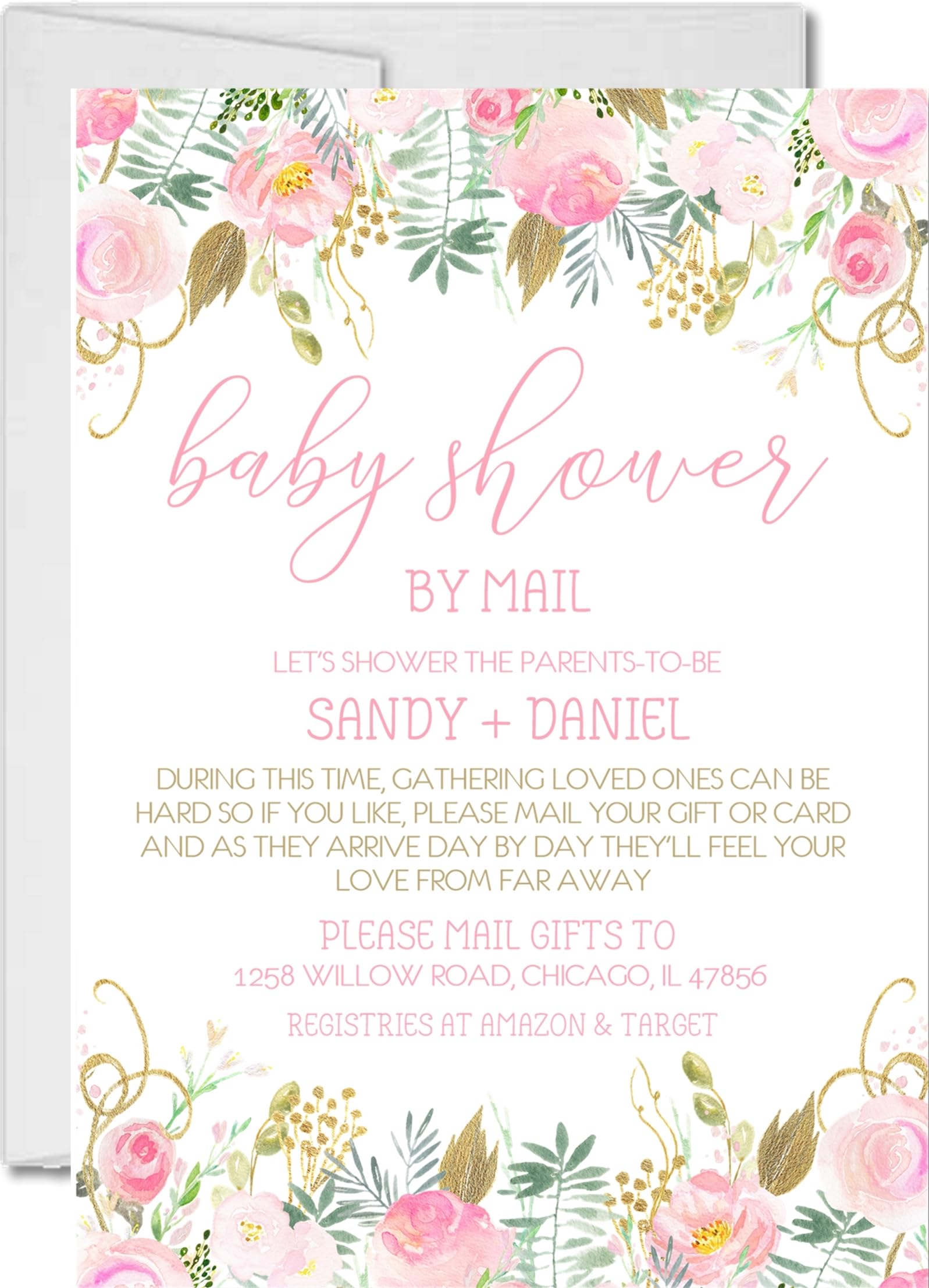 Pastel Pink & Green Baby Shower By Mail Invitations - Elegant Far Away Baby Shower Cards for Virtual Celebrations & Long-Distance Family