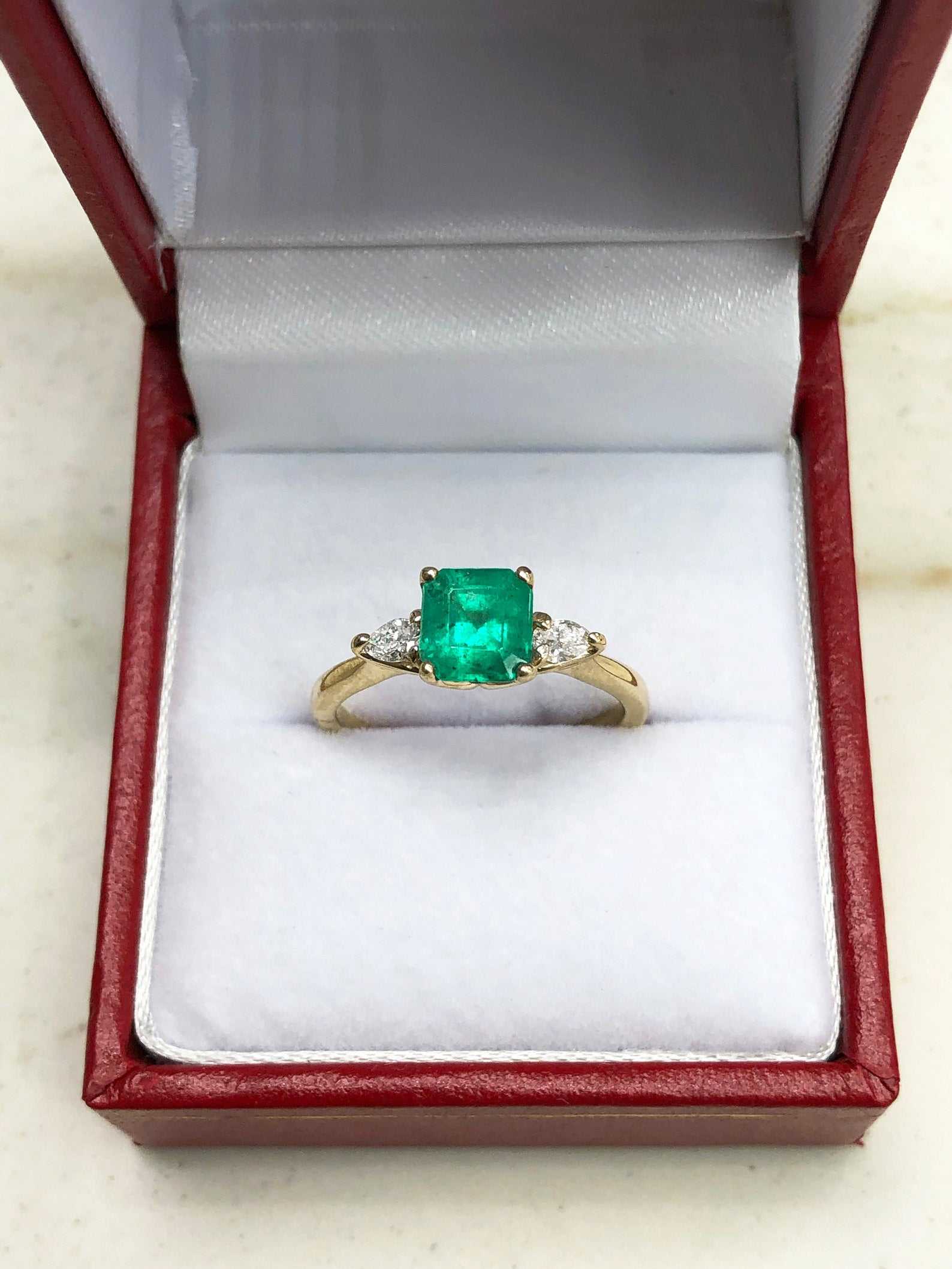 1.38tcw Three Stone Asscher Cut Colombian Emerald & Pear Diamond Ring in 14K Gold – Elegant Jewelry for Engagement, Wedding & Special Occasions