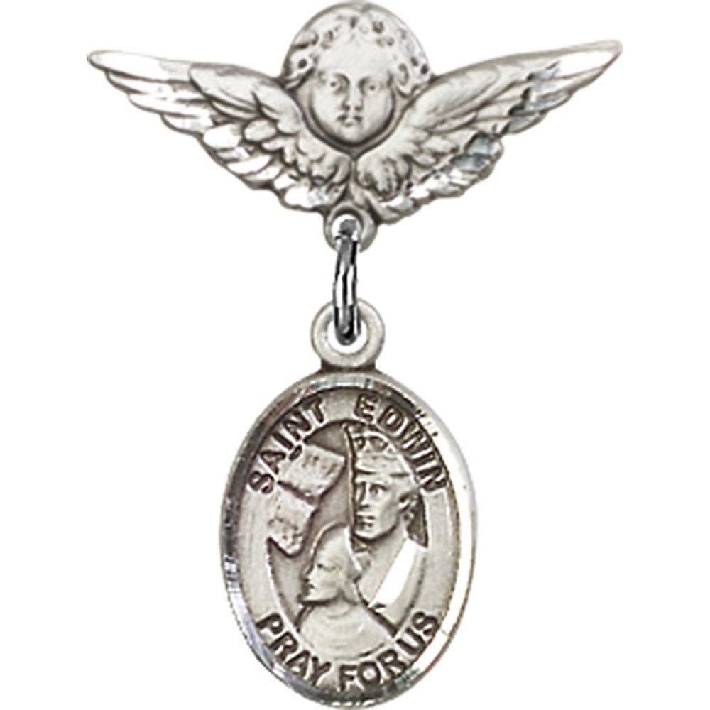 Sterling Silver Baby Badge with St. Edwin Charm & Angel Wing Pin - 7/8