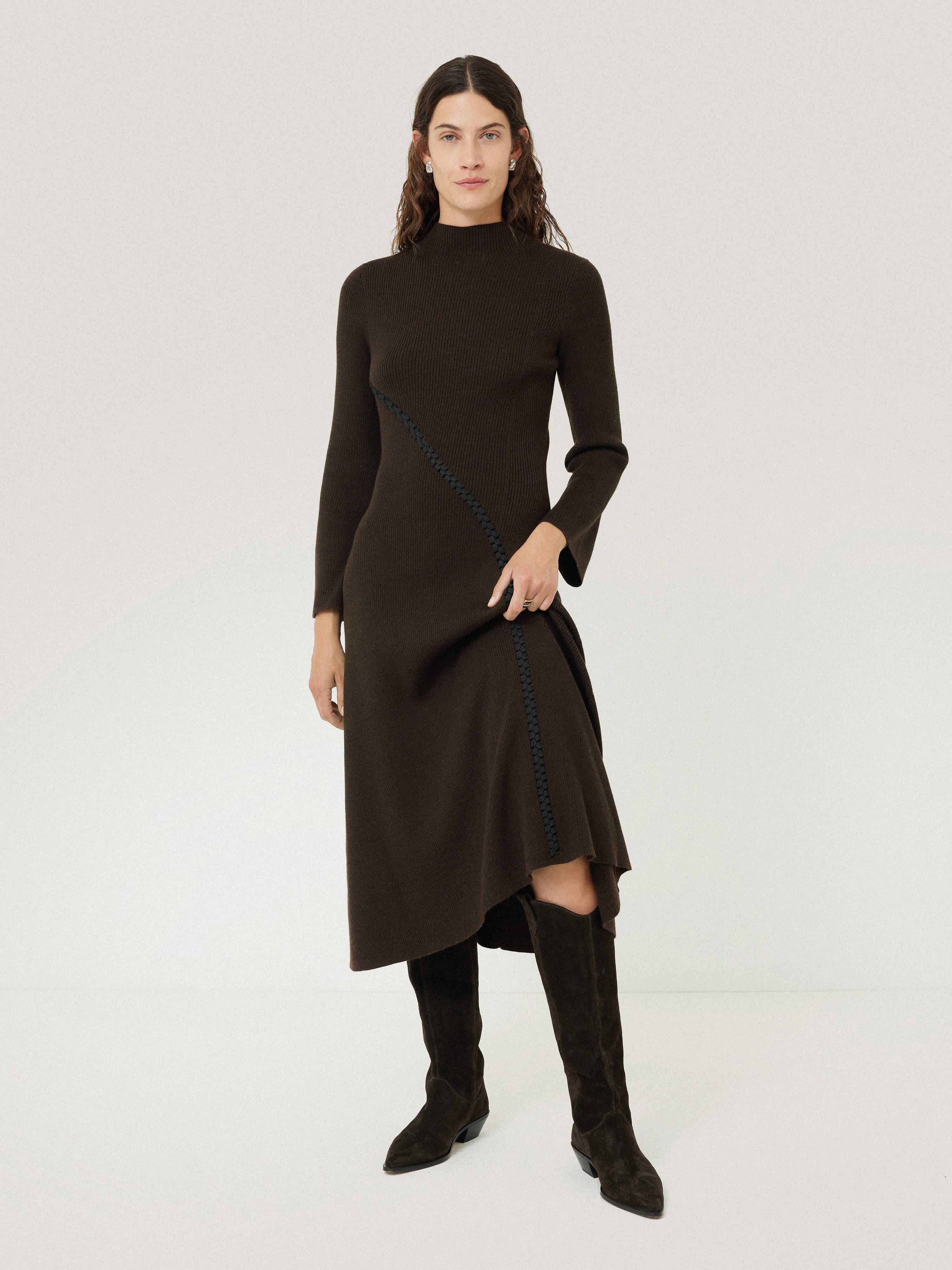 Lattice Trim Knitted Dress for Women - Elegant Brown A-Line Dress for Casual Wear, Office, and Date Night