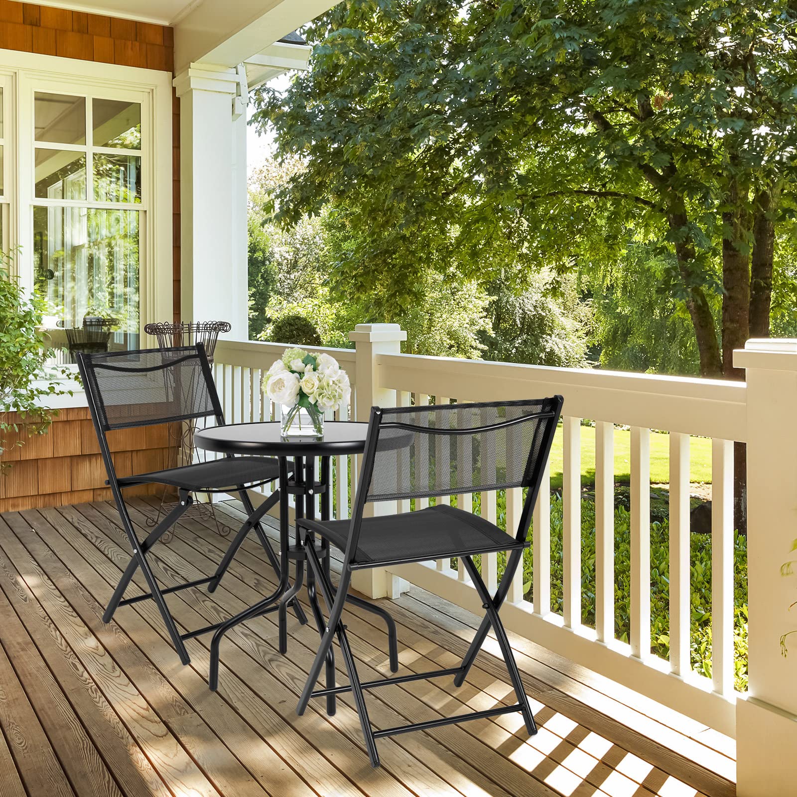 HappyGrill 3-Piece Bistro Set - Round Coffee Table & 2 Folding Chairs for Outdoor Dining - Perfect for Balcony, Garden, Backyard, Patio & Small Spaces