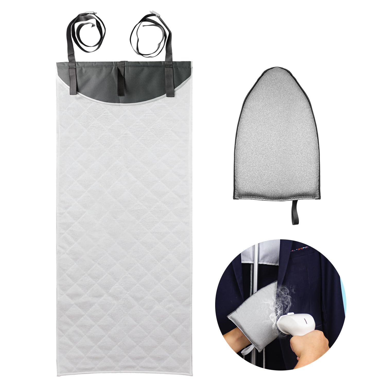 Over The Door Steaming Press Pad with Gloves - Handheld Steamer Accessory, Ironing Board Replacement & Vertical Steamboard Press Pad - Portable Travel Ironing Mat for Clothes - Perfect for Home, Hotel & On-The-Go Garment Care