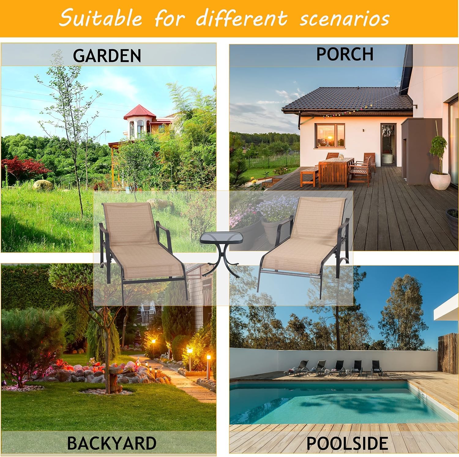 LOKATSE HOME 3-Piece Outdoor Chaise Lounge Set - Adjustable Steel Frame Patio Pool Chairs with Coffee Table - Perfect for Backyard, Garden, and Poolside Relaxation