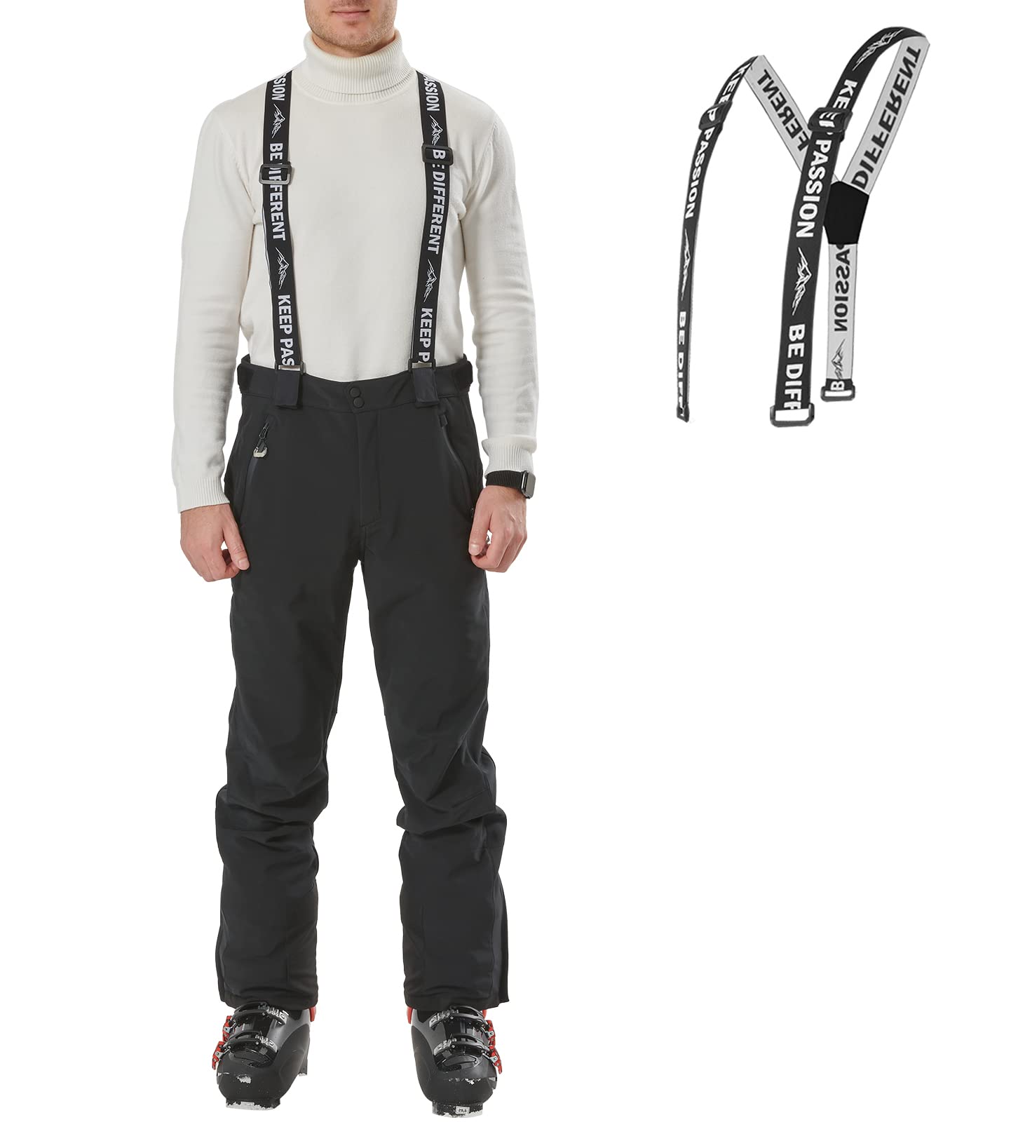 FIT SPACE Men's Insulated Ski Pants with Zip-Off Suspenders - Waterproof, Breathable & Stretchable Winter Snow Bibs for Skiing, Snowboarding & Cold Weather Outdoor Activities