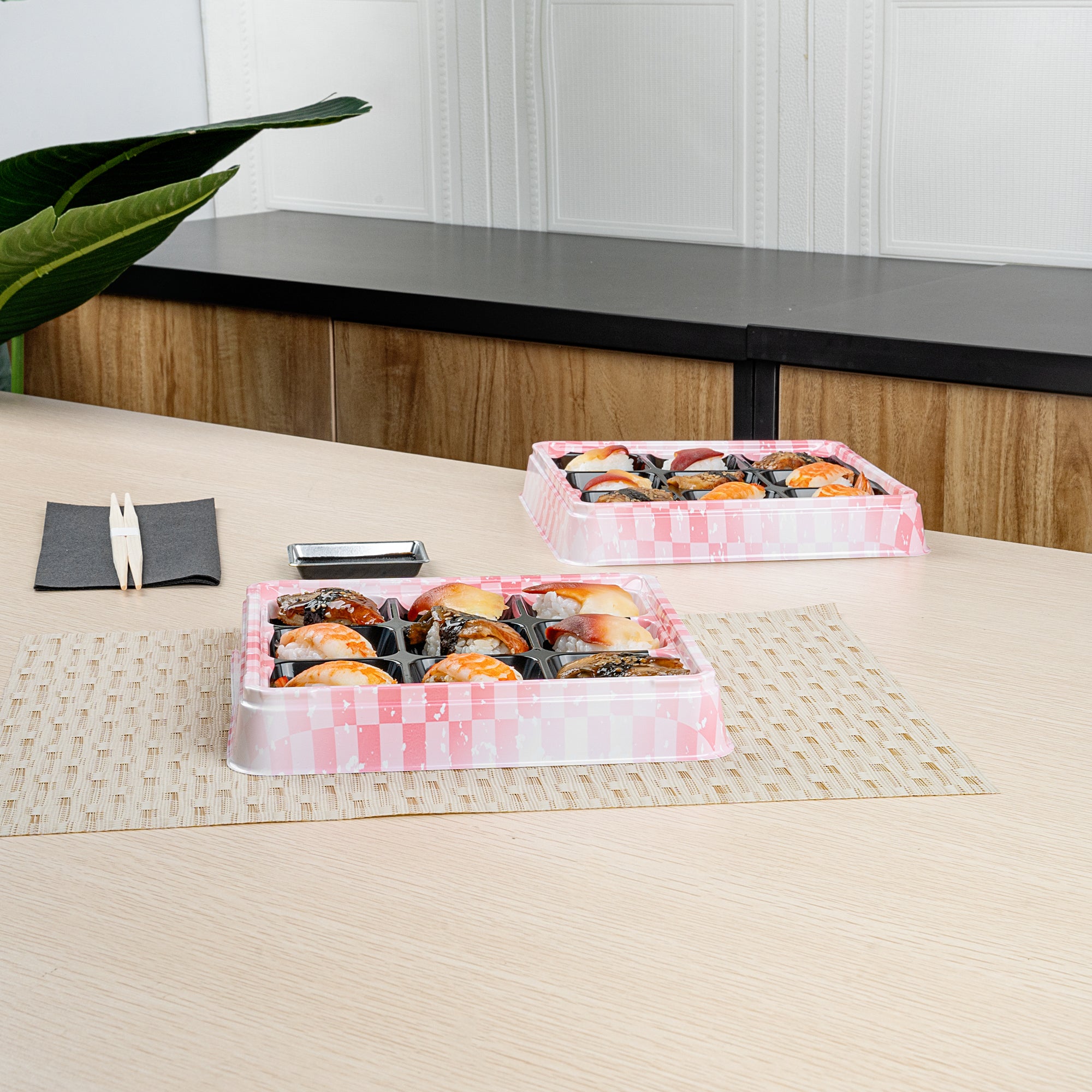 Bento Tek 17 oz Square Pink and Black Plastic Bento Box - 9 Compartments Lunch Container (8.5