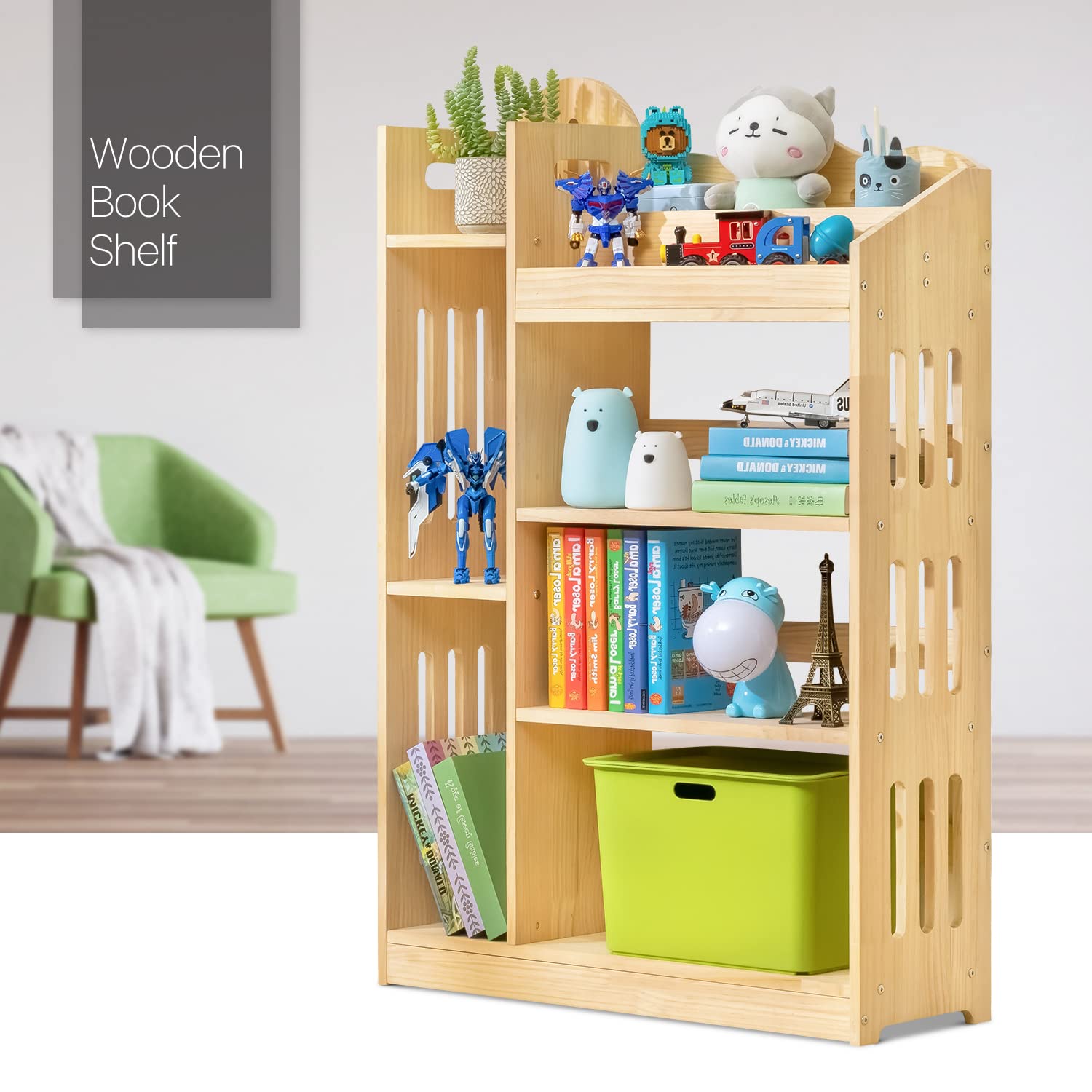 MoNiBloom Wooden Bookshelf with Organizer - Multifunctional Storage Cabinet for Small Spaces, Playroom & Bedroom - Natural Finish Display Shelf for Books, Toys & Home Decor | Perfect for Kids Room Organization & Compact Living Spaces