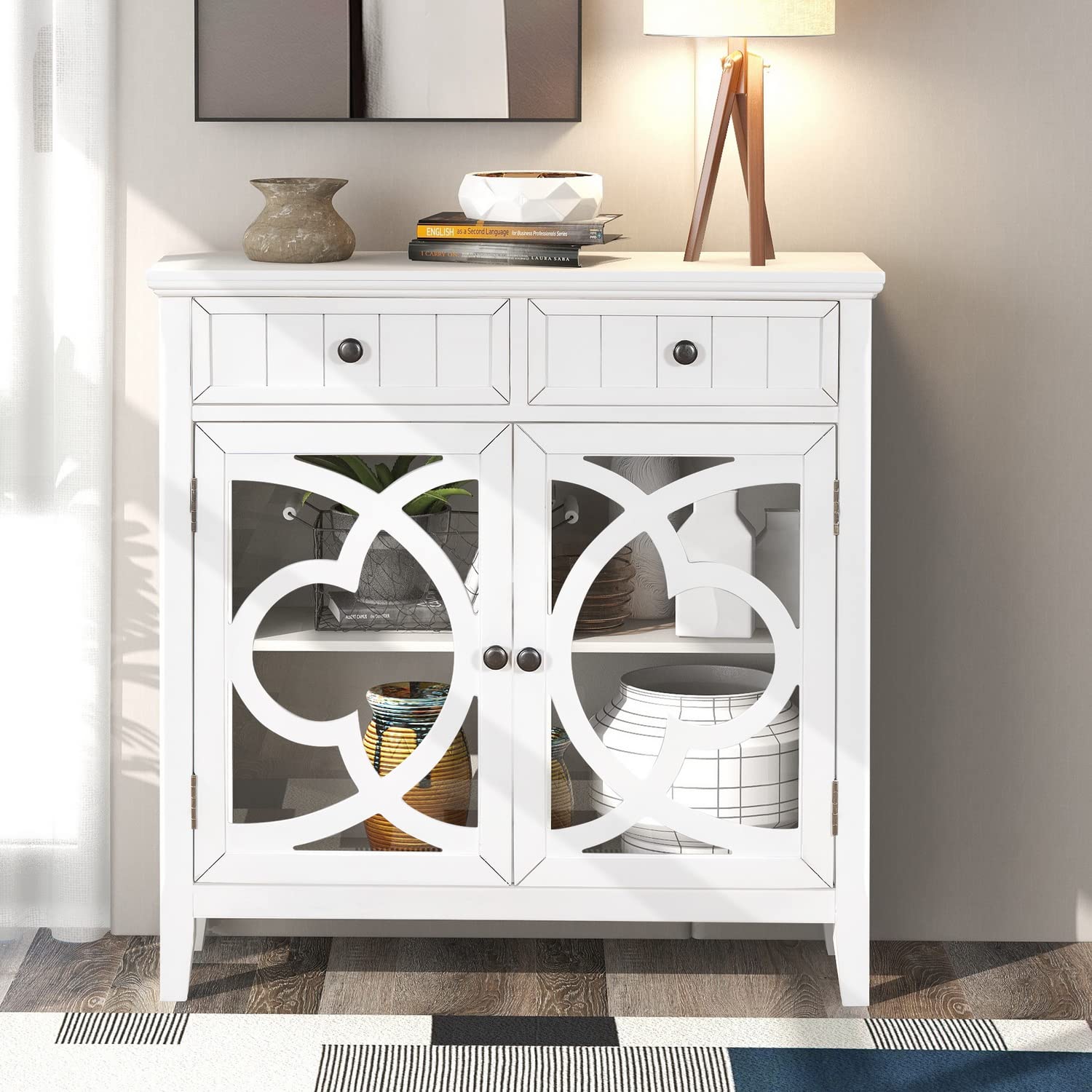 WTRAVEL Buffet Sideboard Entryway Storage Cabinet - 2 Door Cabinet with 2 Drawers & Adjustable Shelf for Living Room, Dining Room, Hallway - White | Perfect for Home Organization & Stylish Storage Solution