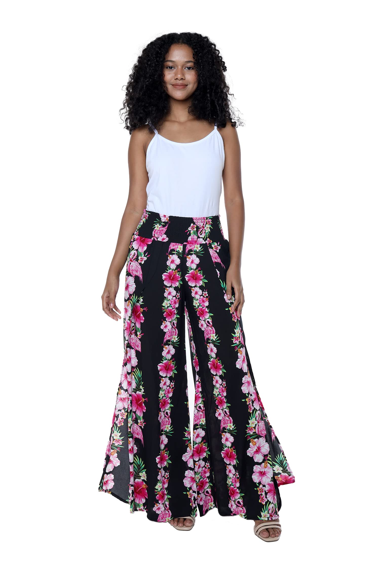 Hawaiian Luau Outfits for Women & Girls - Matching Mother Daughter Wide Leg Pants & Pink Hibiscus Ruffle Dress Set | Beach Party, Summer Vacation, Family Photos