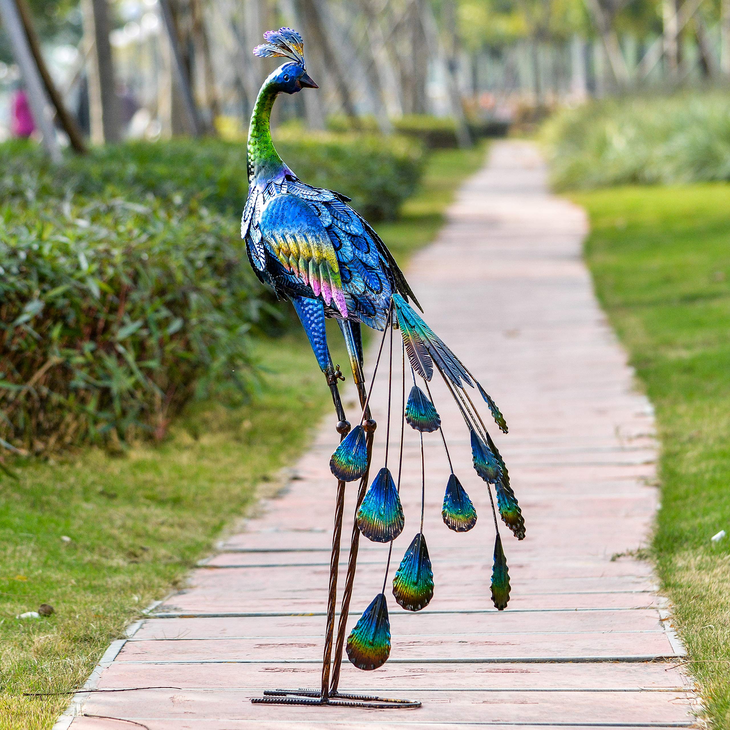 TERESA'S COLLECTIONS 31.5 Inch Solar Peacock Stake Lights & 35 Inch Metal Peacock Garden Statue - Outdoor Decor for Patio, Lawn & Yard | Elegant Solar-Powered Lighting & Decorative Metal Sculpture for Garden Landscaping