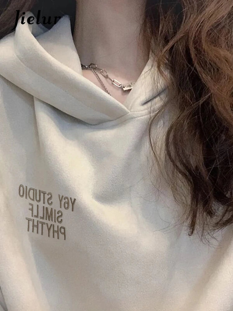 Stylish Apricot Printed Hoodie for Women - Loose Fit Casual Pullover with Hood - Pure Color Fashion Hooded Sweatshirt - Perfect for Office, Autumn Outfits & Everyday Wear