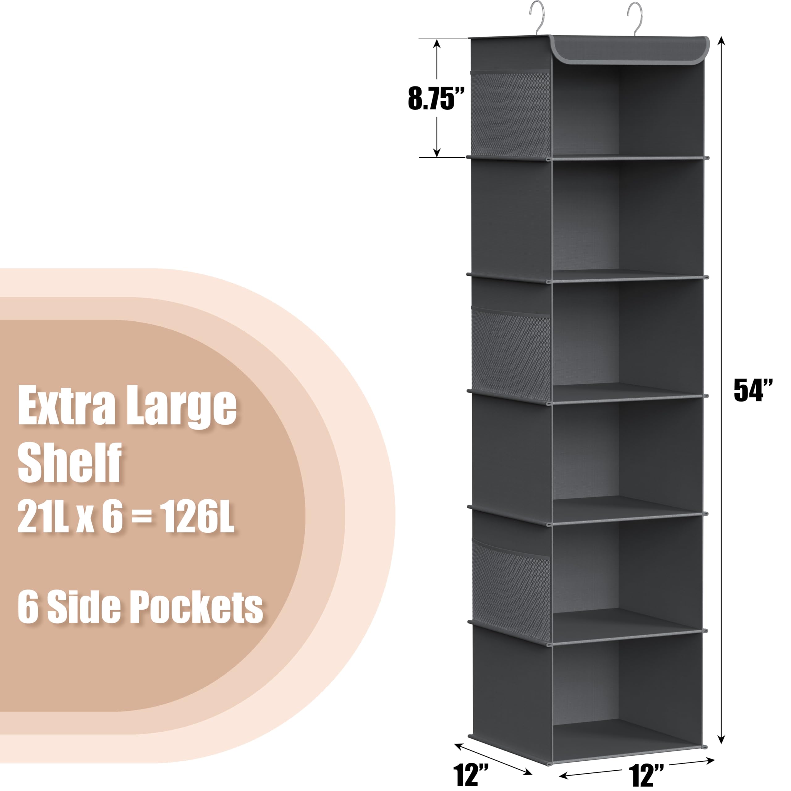 Simple Houseware 6-Shelf Hanging Closet Organizer for Bedroom & Bathroom - Space Saving Storage Solution, Dark Gray - Perfect for Organizing Clothes, Towels & Accessories