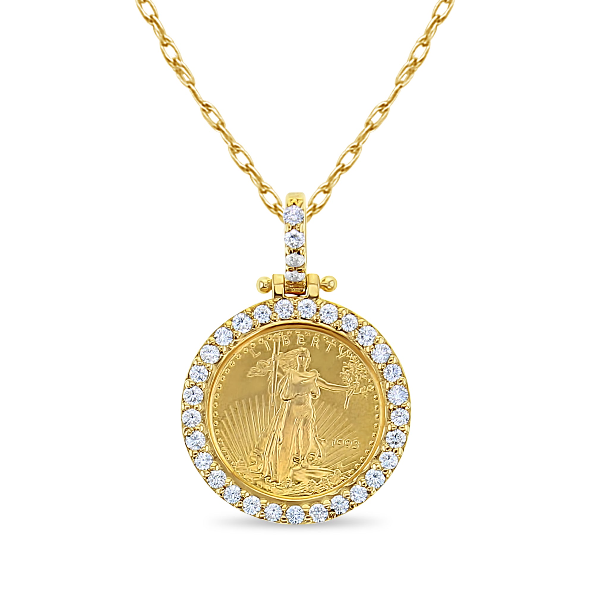 1/10OZ 14K Gold Shared Prong Diamond Halo Necklace with Lady Liberty Pendant - Elegant Jewelry Gift for Women, Perfect for Anniversaries & Special Occasions