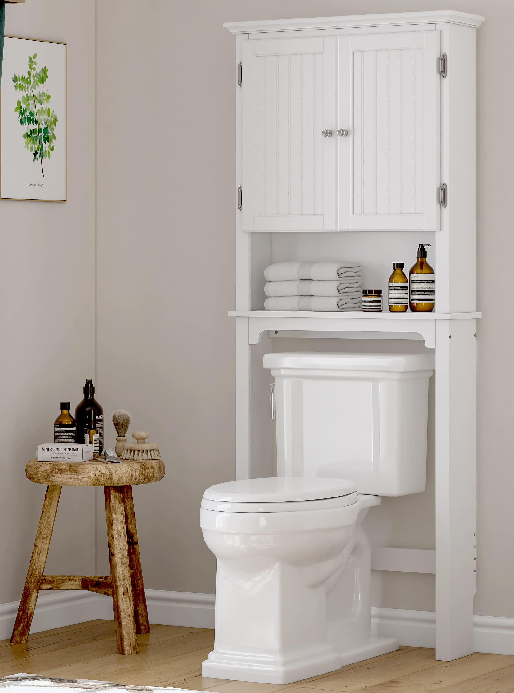 UTEX Over The Toilet Storage Cabinet - White Bathroom Organizer with Adjustable Shelves & Double Doors | Space-Saving Solution for Small Bathrooms, Apartment Storage & Toilet Paper Organization